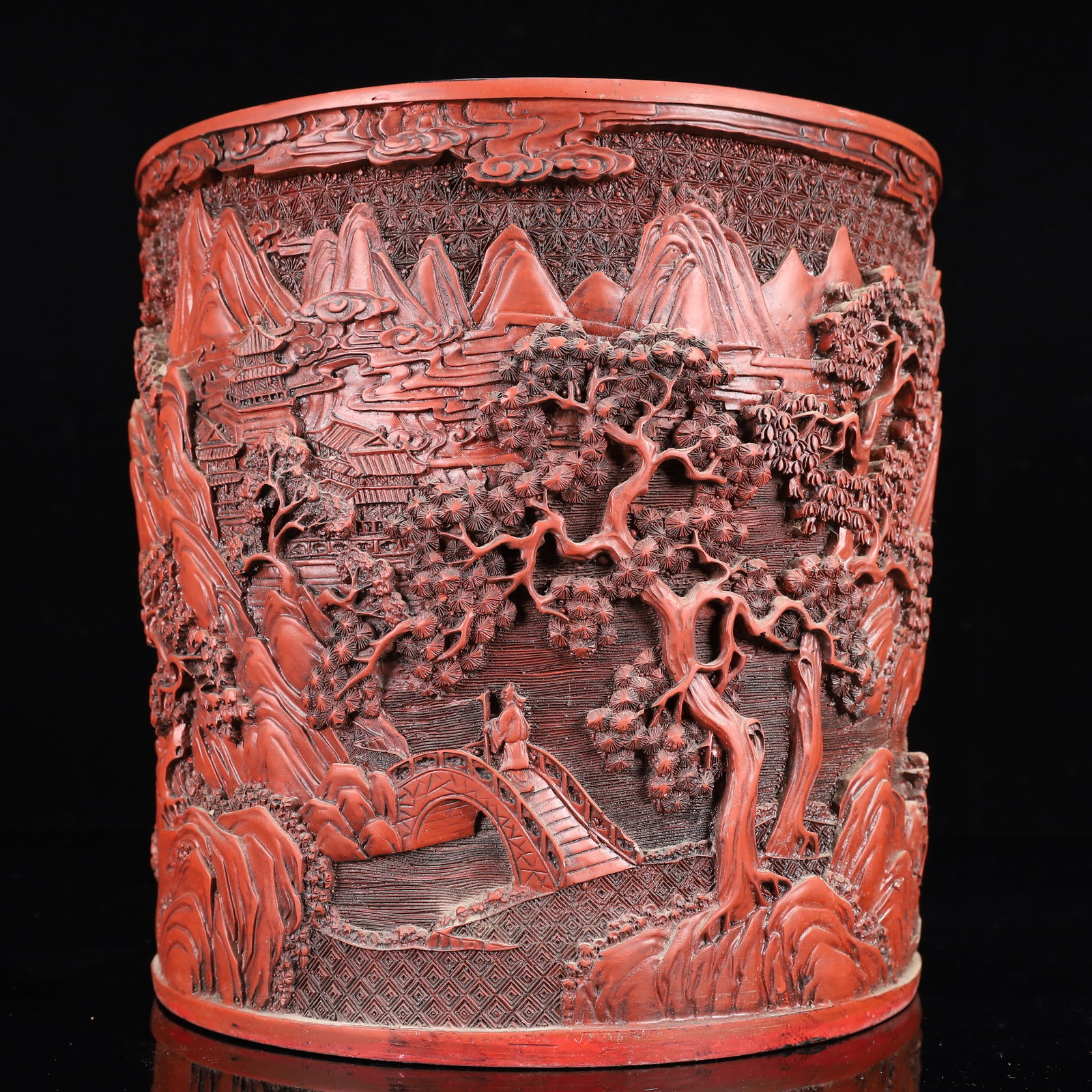 An Exquisite Carved Red Lacquer Landscape Pattern Brush Pot - 7