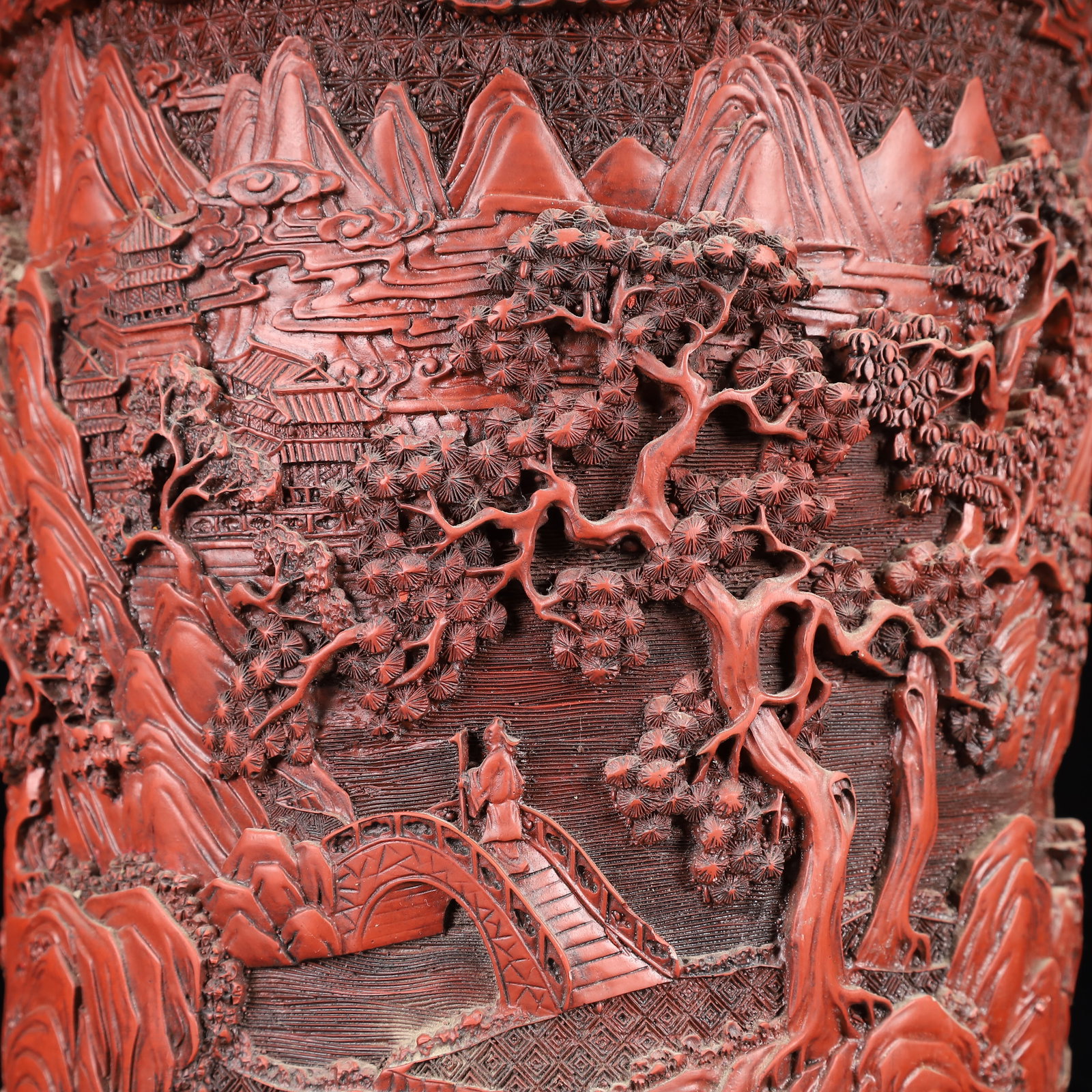 An Exquisite Carved Red Lacquer Landscape Pattern Brush Pot - 8