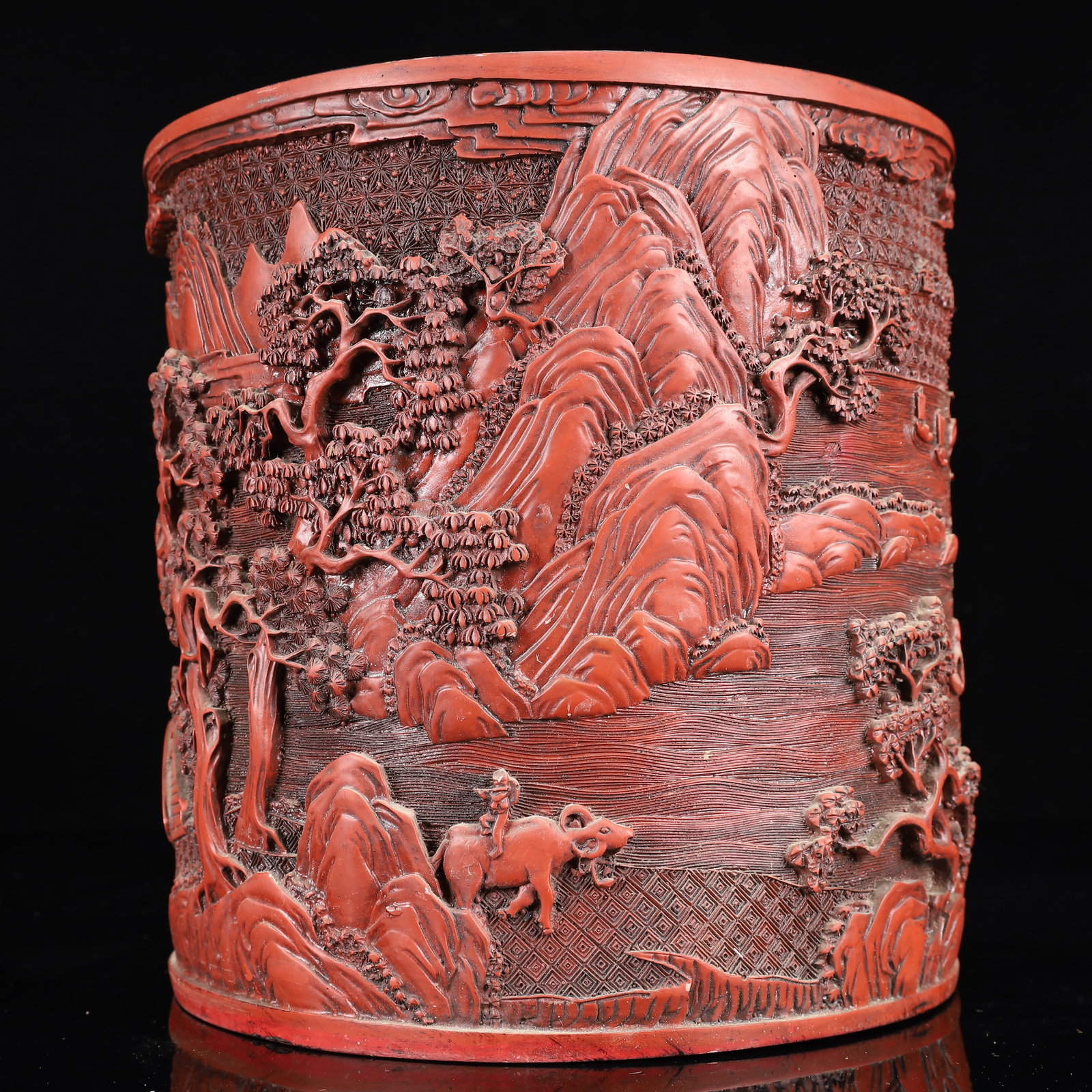An Exquisite Carved Red Lacquer Landscape Pattern Brush Pot - 9