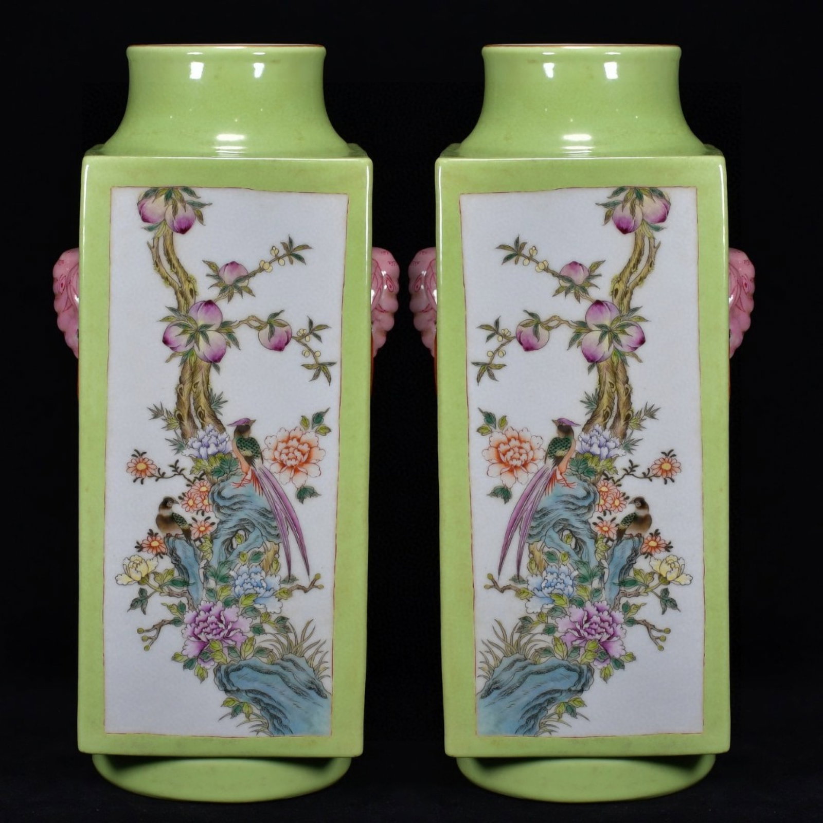 A Pair of Rare Green Glazed Famille-Rose Painted Gold Flower and Bird Pattern Elephant-Ears Vases: A Pair of Rare Green Glazed Famille-Rose Painted Gold Flower and Bird Pattern Elephant-Ears Vases,Qing Dynasty,China,Qianlong Six-character Mark,Size:14.2inx7.1in 一对绿釉ľ