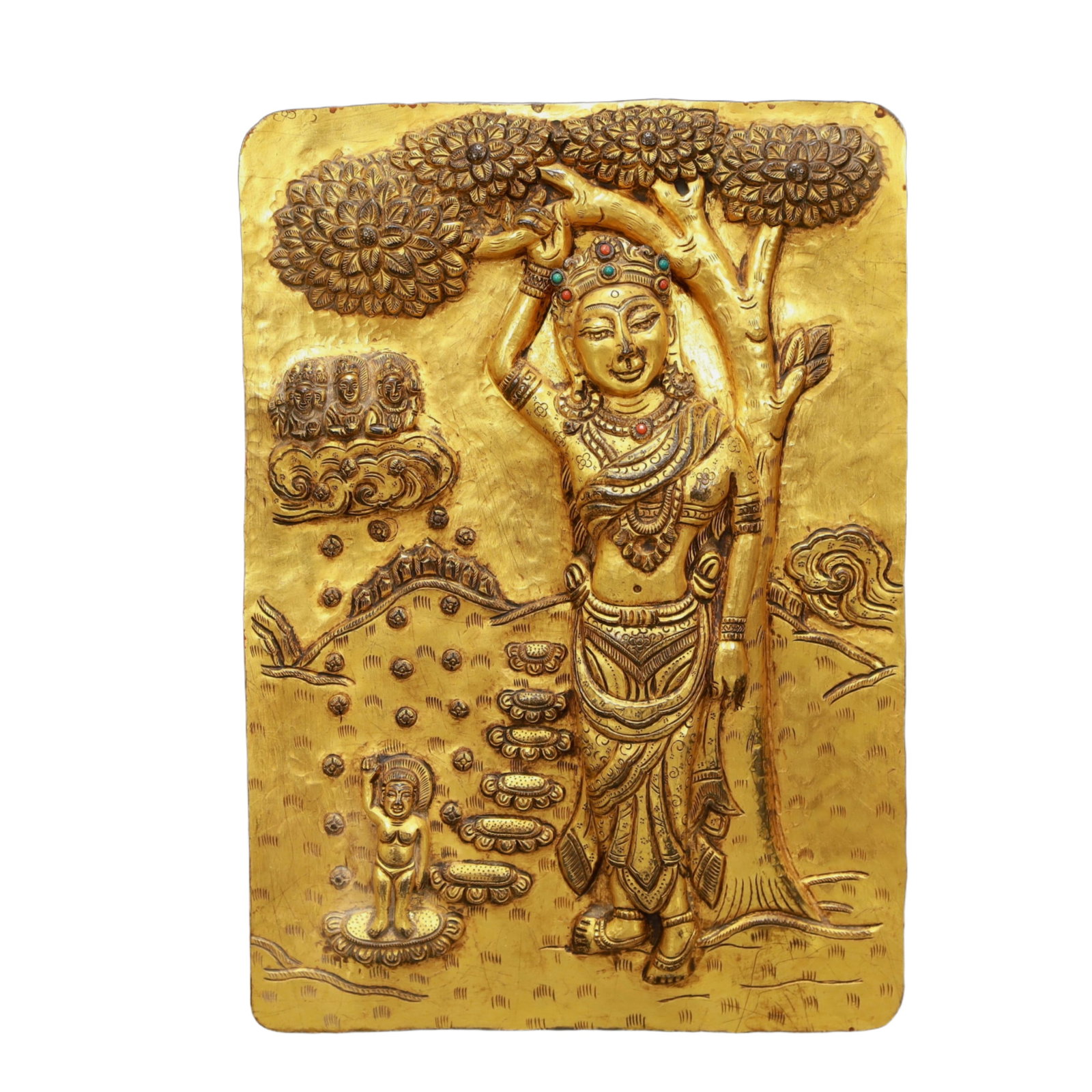 A Rare Gilt Bronze Statue of Tara Amulets,Inlaid Turquoise: A Rare Gilt Bronze Statue of Tara Amulets,Inlaid Turquoise,Ming Dynasty, China,Size:8.9inx12.4in,Weight:800g 铜鎏金度母像牌,嵌绿松石,&
