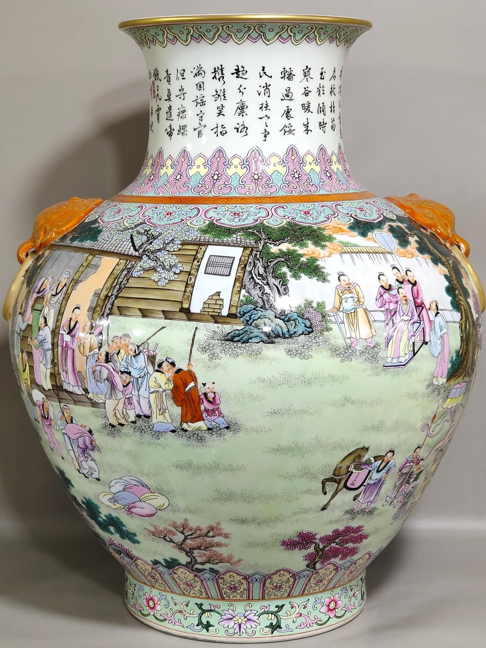 A Huge Famille-Rose Painted Gold Landscape and Figure Pattern Double-Ears Vase,With Poem: A Huge Famille-Rose Painted Gold Landscape and Figure Pattern Double-Ears Vase,With Poem,Qing Dynasty,China,Qianlong Six-character Mark,Size:20.5inx15.7in