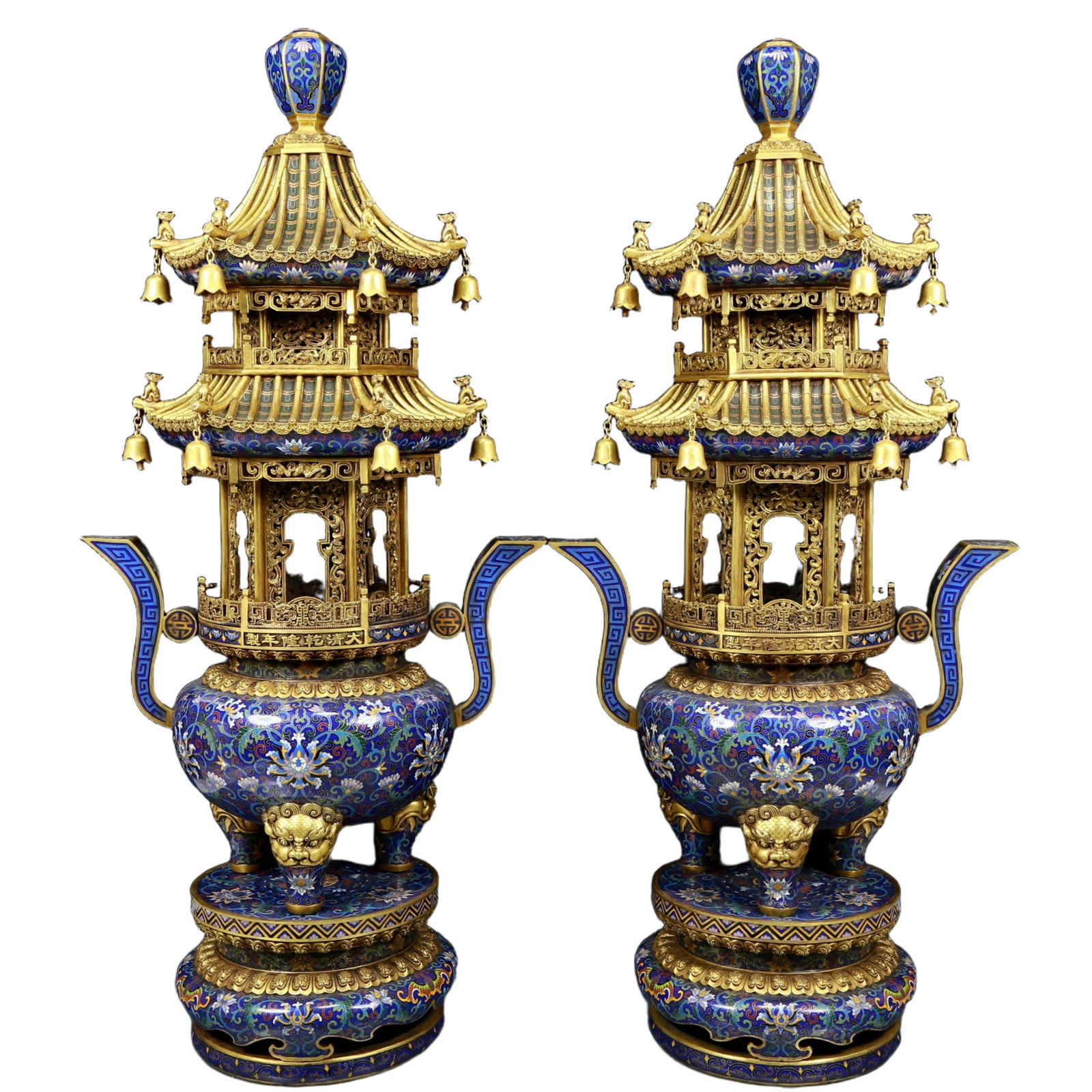 A stunning pair of cloisonné double-eared and tripod censers with twining lotus patterns: A pair of stunning cloisonné double-eared and tripod censers with entwined lotus patterns. The application of filigree technology makes the decoration of this collection more delicate and three-d