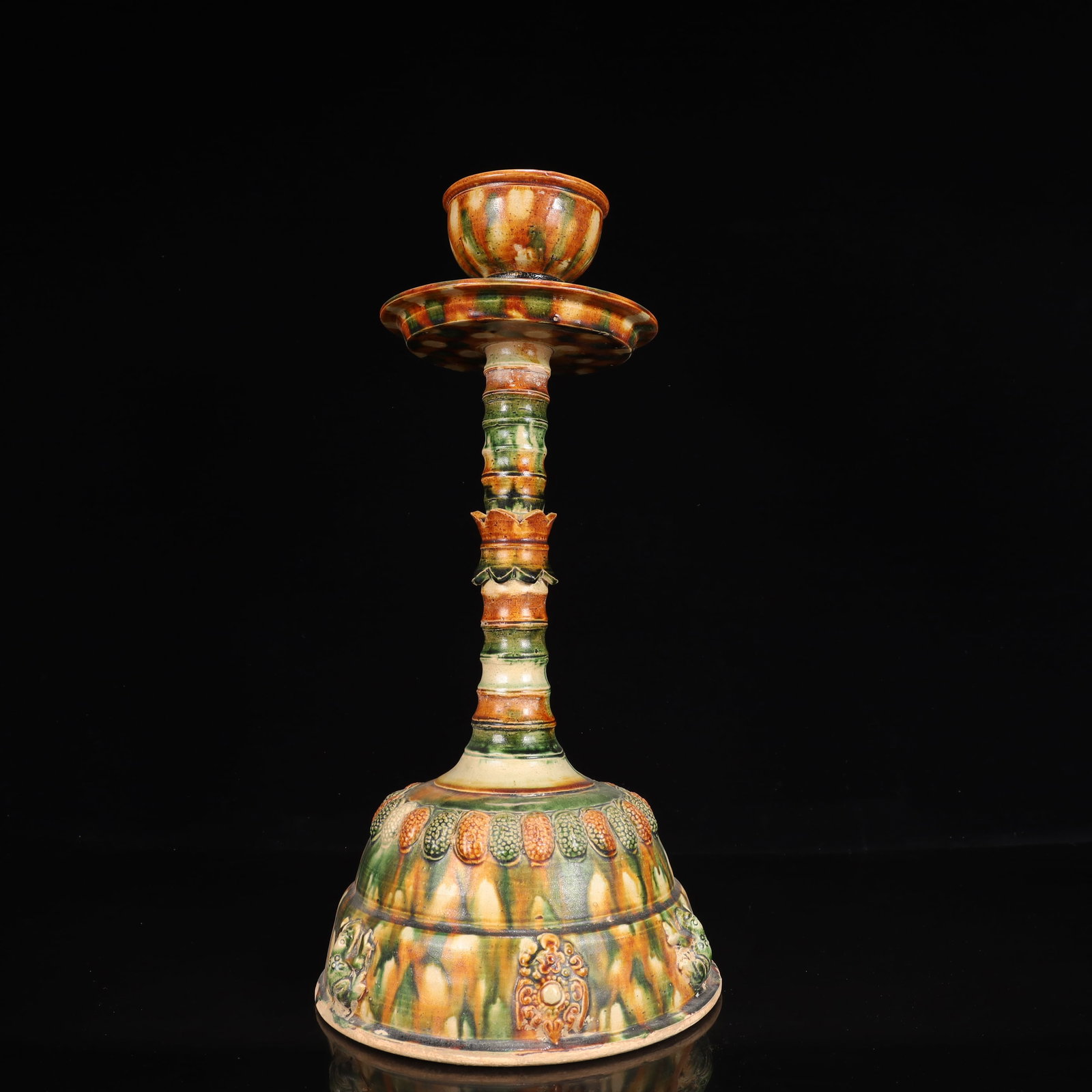 A Huge Tang Tri-Color Glazed Pottery Flower Pattern Candlestick: A Huge Tang Tri-Color Glazed Pottery Flower Pattern Candlestick,Tang Dynasty, China,Size:9.8inx9.8inx18.9in,Weight:3000g