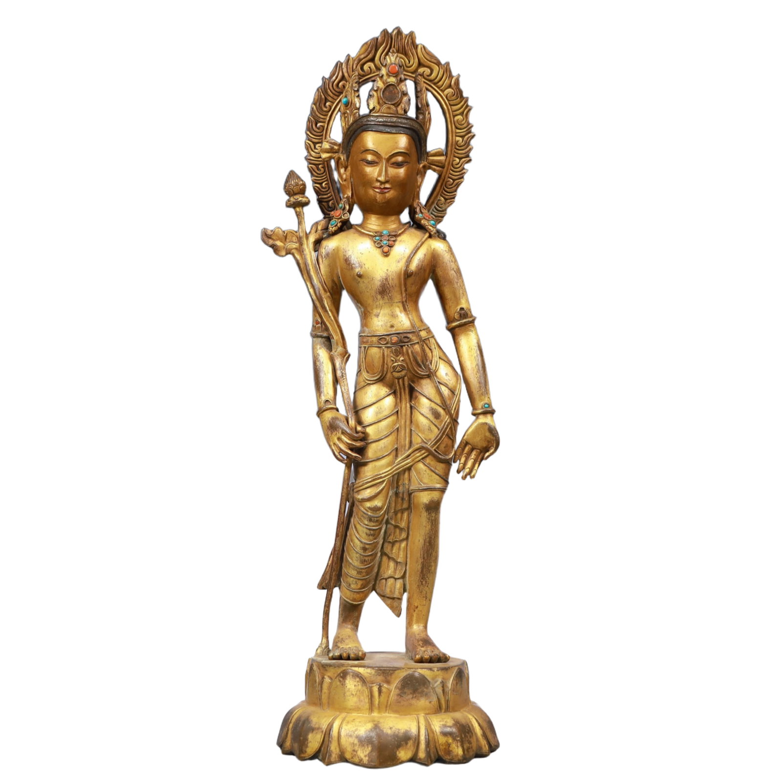 A Solemn Gilt Bronze Statue of Avalokitesvara, Inlaid Gems: A Solemn Gilt Bronze Statue of Avalokitesvara, Inlaid Gems, Ming Dynasty, China, Size:5.5inx18.9in, Weight:3550g