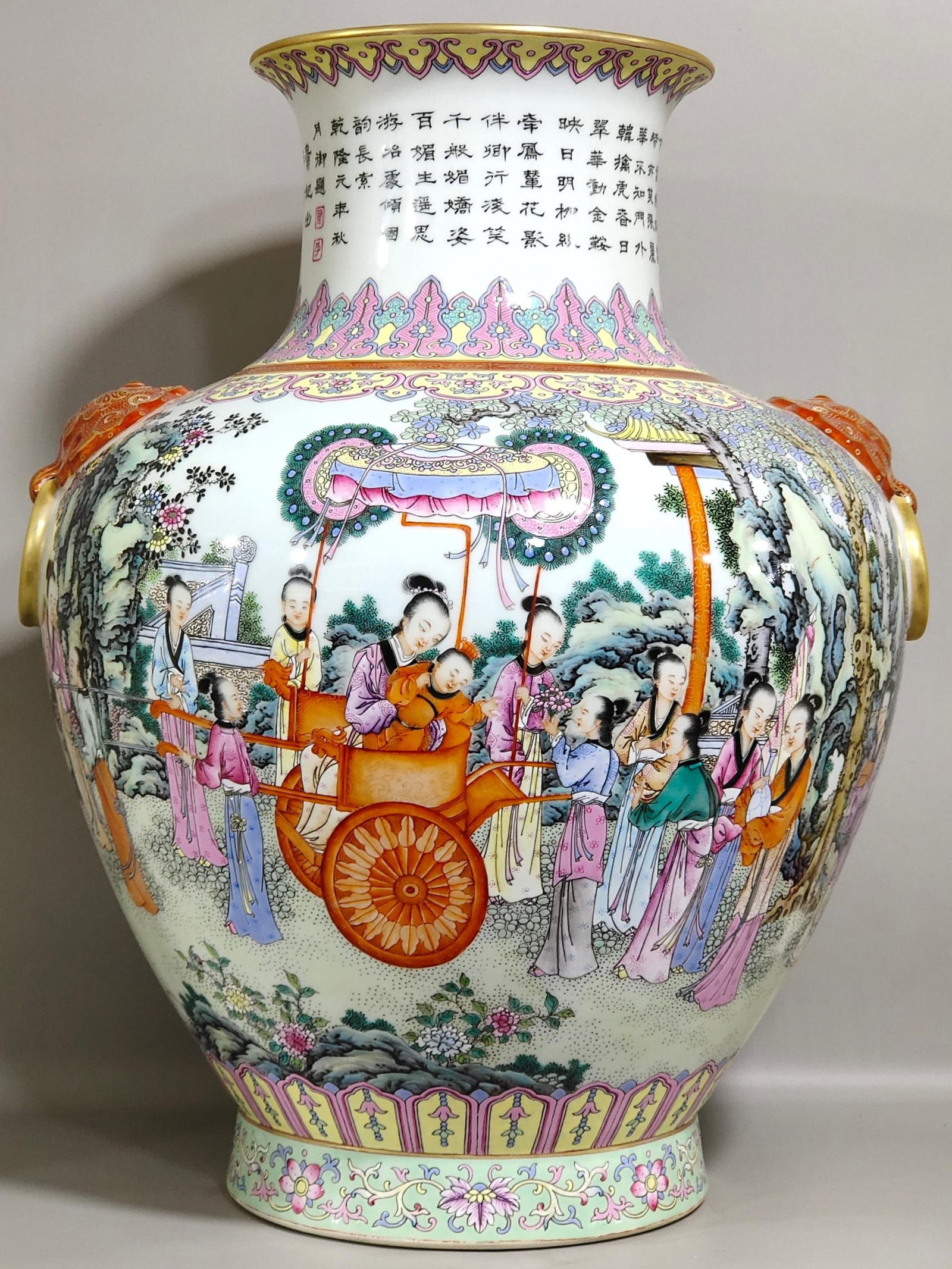 A Huge Famille-Rose Painted Gold Character and Story Pattern Double-Ears Vase,With Poem: A Huge Famille-Rose Painted Gold Character and Story Pattern Double-Ears Vase,With Poem,Qing Dynasty,China,Qianlong Six-character Mark,Size:20.7inx15.4in