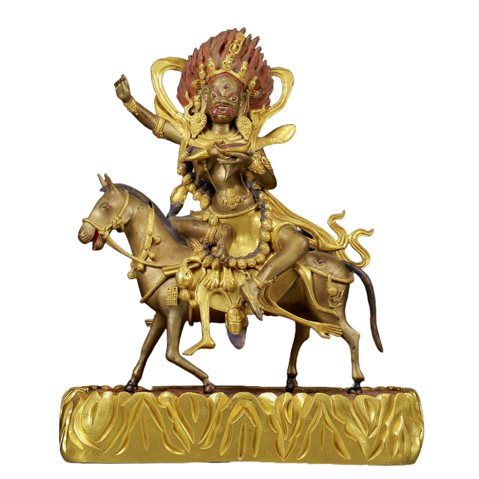 A Solemn Gilt Bronze Statue of Palden Lhamo: A Solemn Gilt Bronze Statue of Palden Lhamo,Ming Dynasty, China,Size: 13.8inx7.5inx17.7in,Weight:14700g 铜鎏金吉祥天母像，明代
