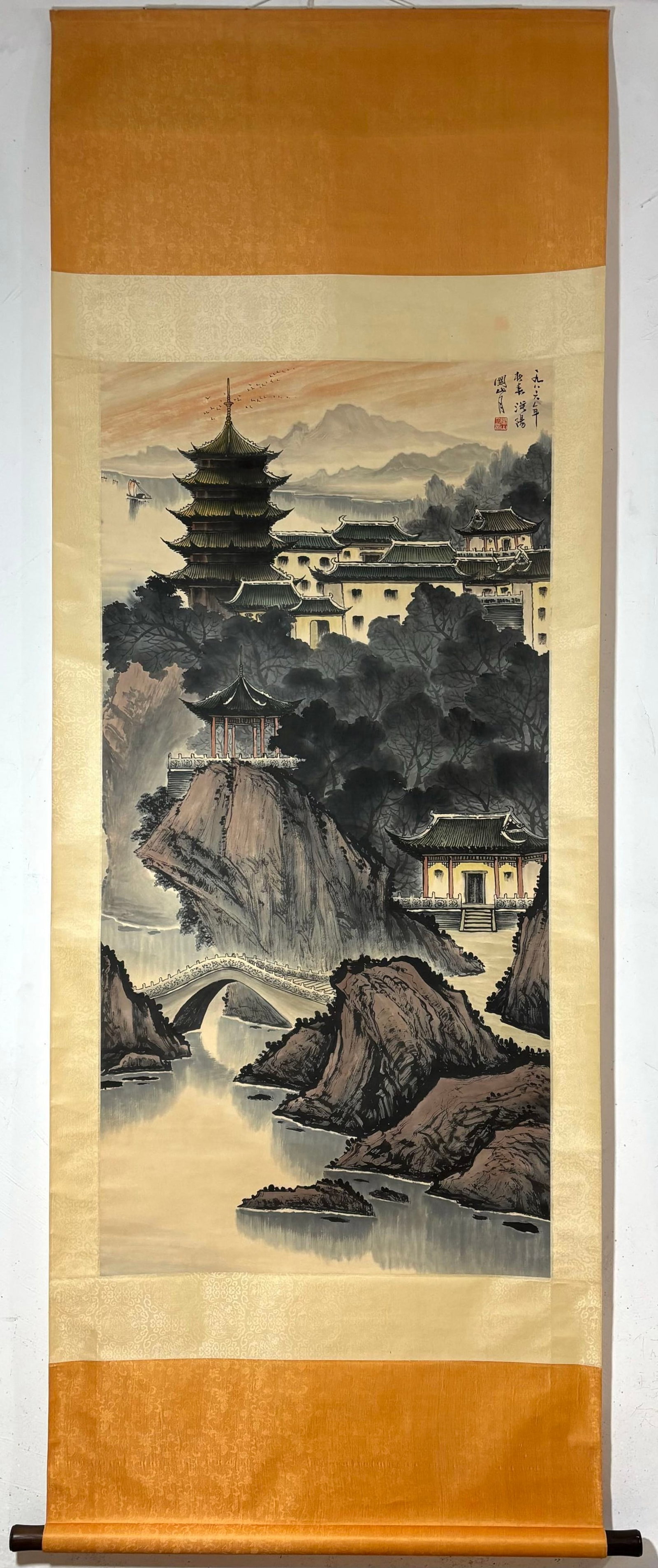 A Chinese Vertical Scroll Ink Painting of Landscape on Paper,Guan Shanyue: A Chinese Vertical Scroll Ink Painting of Landscape on Paper,Guan Shanyue,Size:(Without frame)53.7inx26.6in 一幅中国水墨山水画立轴,