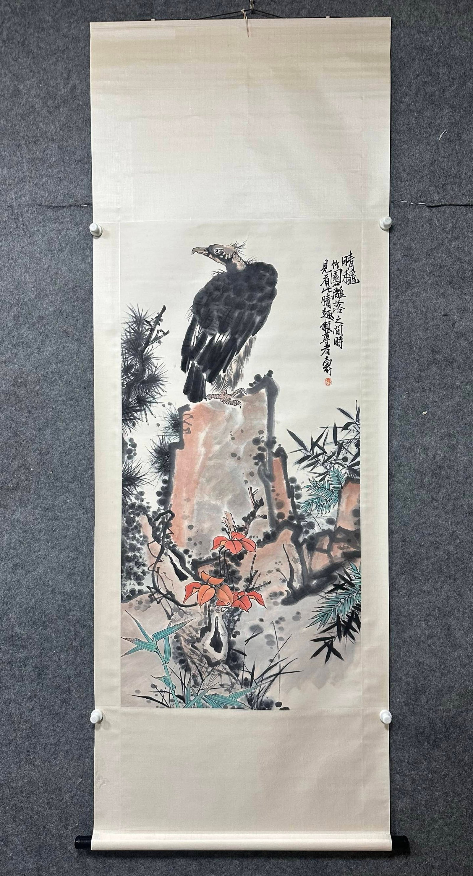 A Chinese Vertical Scroll Ink Painting of Pine and Eagle on Paper,Pan Tianshou: A Chinese Vertical Scroll Ink Painting of Pine and Eagle on Paper,Pan Tianshou,Size:(Without frame)26.6inx53.5in一幅中国水墨松鹰图立轴