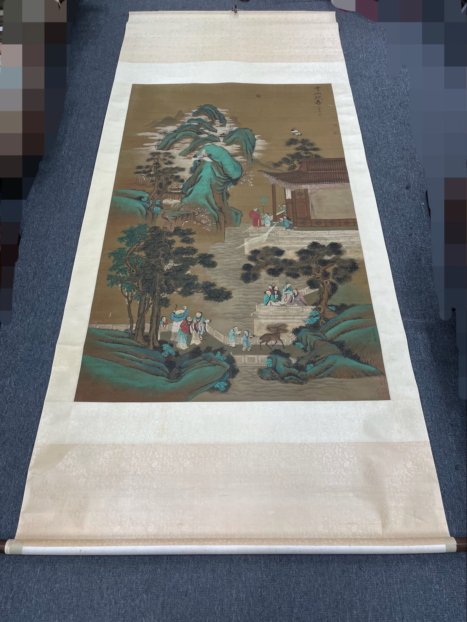 A Chinese Vertical Scroll Ink Painting of Landscape and Figure on Silk,Chou Ying: A Chinese Vertical Scroll Ink Painting of Landscape and Figure on Silk,Chou Ying,Size:41.1inx69.3in 一幅中国水墨绢本山水人物