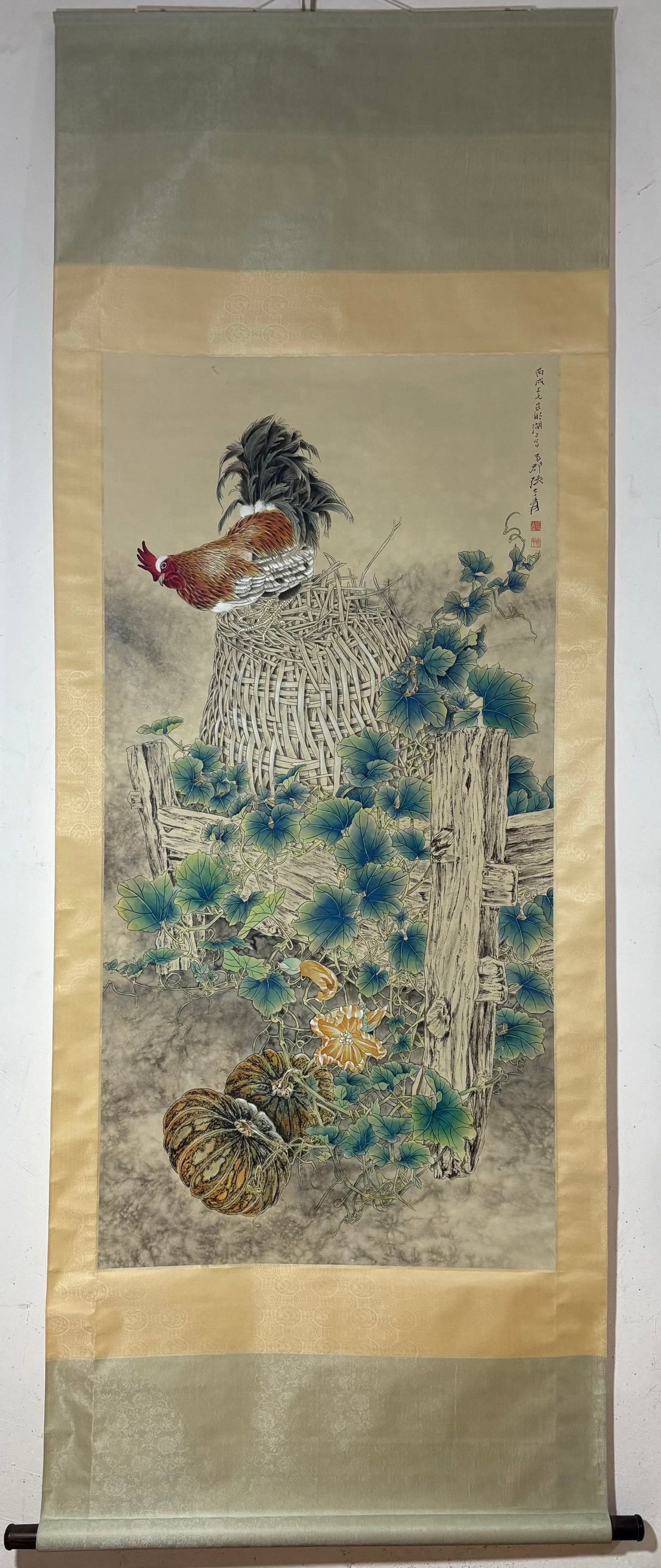 A Chinese Vertical Scroll Ink Painting of Rooster on Paper,Zhang Daqian: A Chinese Vertical Scroll Ink Painting of Rooster on Paper,Zhang Daqian,Size:(Without frame)53.5inx26.8in 一幅中国水墨公鸡图立轴,ó