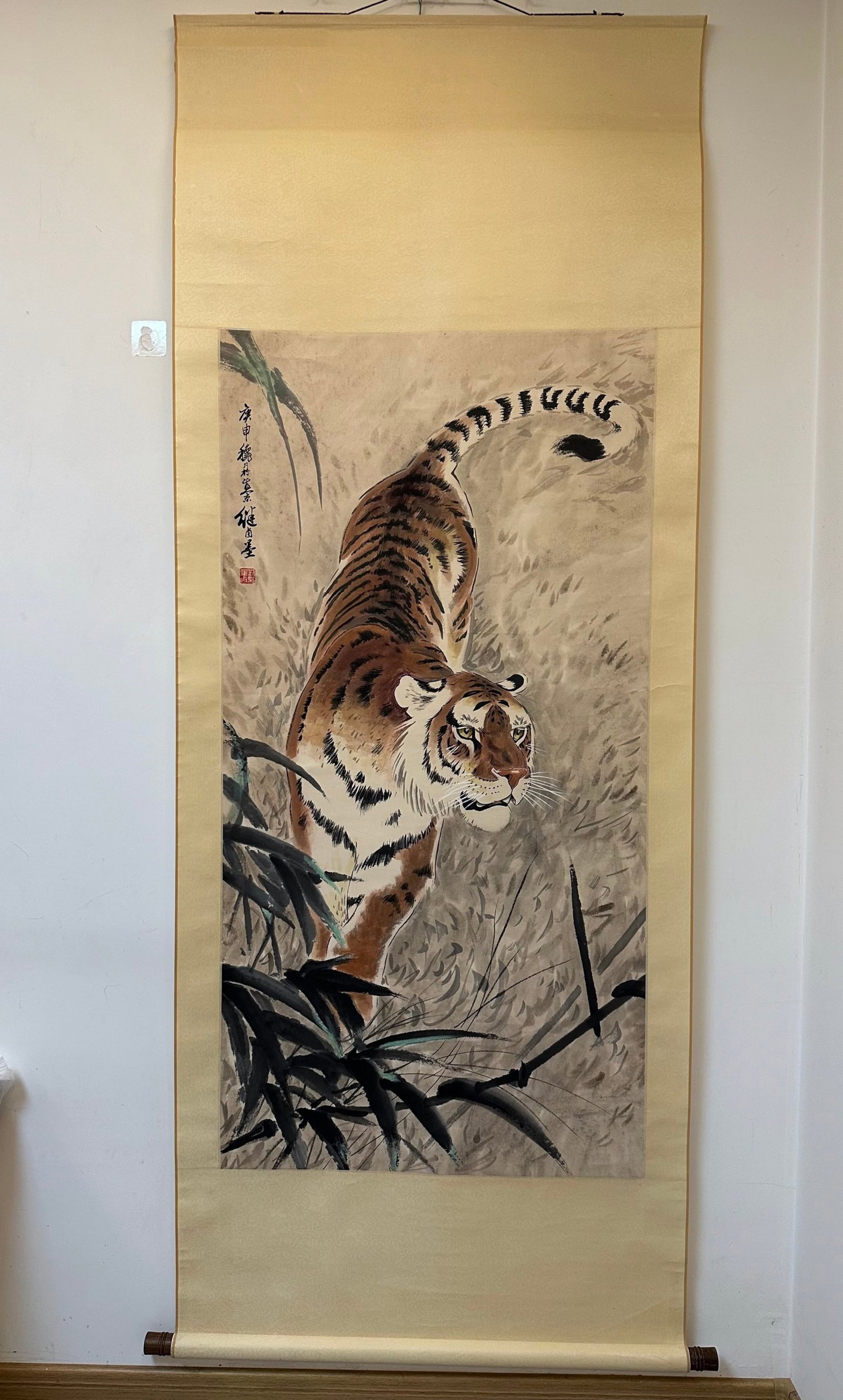 A Chinese Vertical Scroll Ink Painting of Tiger on Paper,Liu Jilu: A Chinese Vertical Scroll Ink Painting of Tiger on Paper,Liu Jilu,Size:(Without frame)26.8inx52.8in 一幅中国水墨老虎图立轴,刘