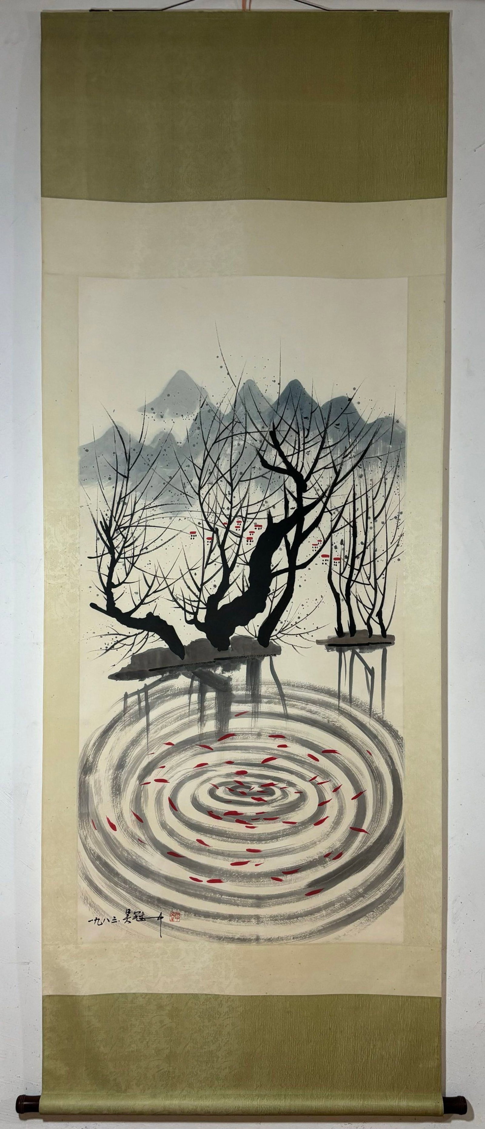 A Chinese Vertical Scroll Ink Painting of Landscape on Paper,Wu Guanzhong: A Chinese Vertical Scroll Ink Painting of Landscape on Paper,Wu Guanzhong,Size:(Without frame)53.5inx26.6in 一幅中国水墨山水画立轴,