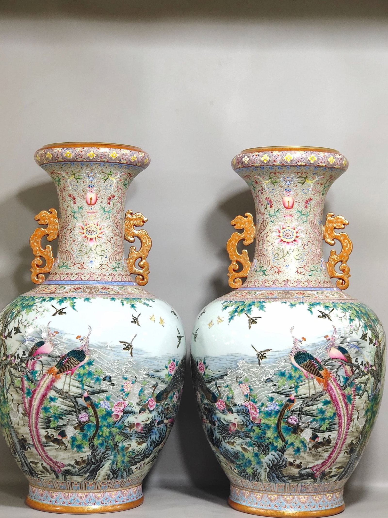 A Pair of Huge Famille-Rose Painted Gold Flower and Bird Pattern Dragon-Ears Vases: A Pair of Huge Famille-Rose Painted Gold Flower and Bird Pattern Dragon-Ears Vases,Qing Dynasty,China,Qianlong Six-character Mark,Size:25.2inx13in 一对粉彩描金Ŏ