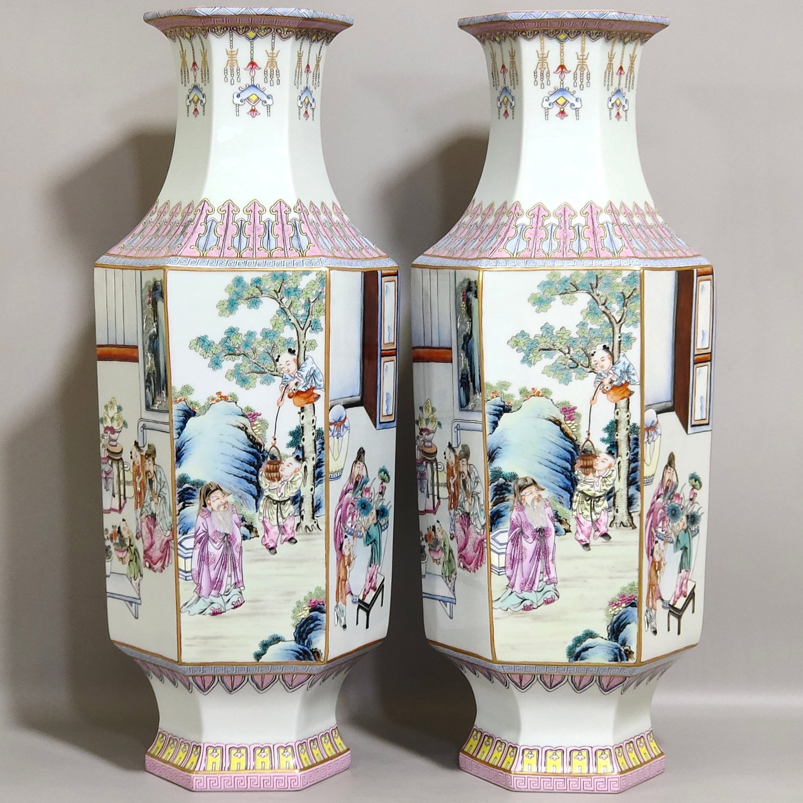 A Pair of Huge Famille-Rose Character and Story Pattern Vases: A Pair of Huge Famille-Rose Character and Story Pattern Vases,Qing Dynasty,China,Qianlong Six-character Mark,Size:17.3inx7.3in