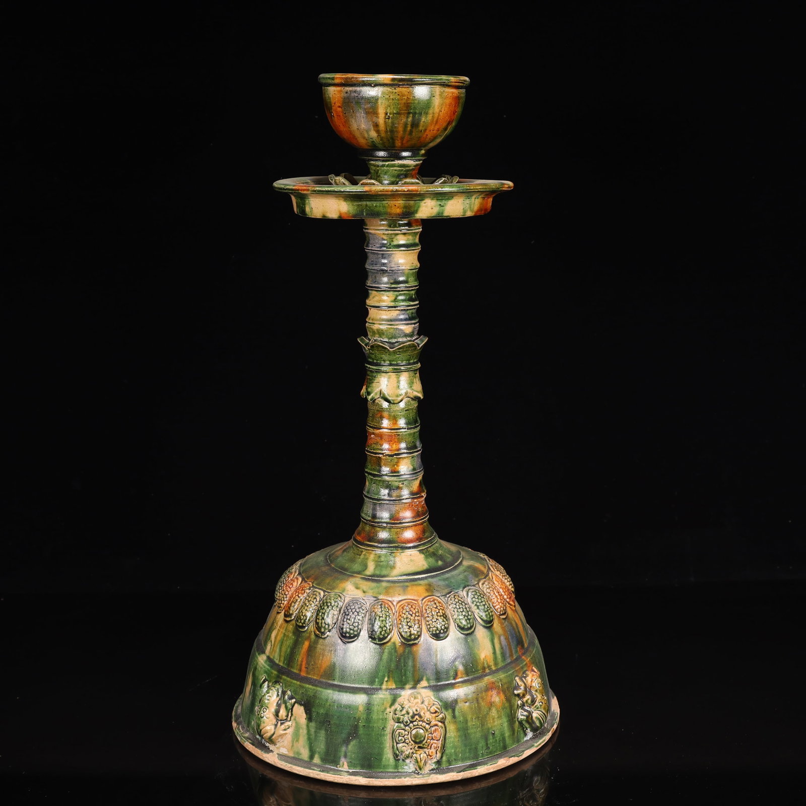A Huge Tang Tri-Color Glazed Pottery Flower Pattern Candlestick: A Huge Tang Tri-Color Glazed Pottery Flower Pattern Candlestick,Tang Dynasty, China,Size:9.8inx9.8inx18.9in,Weight:3050g