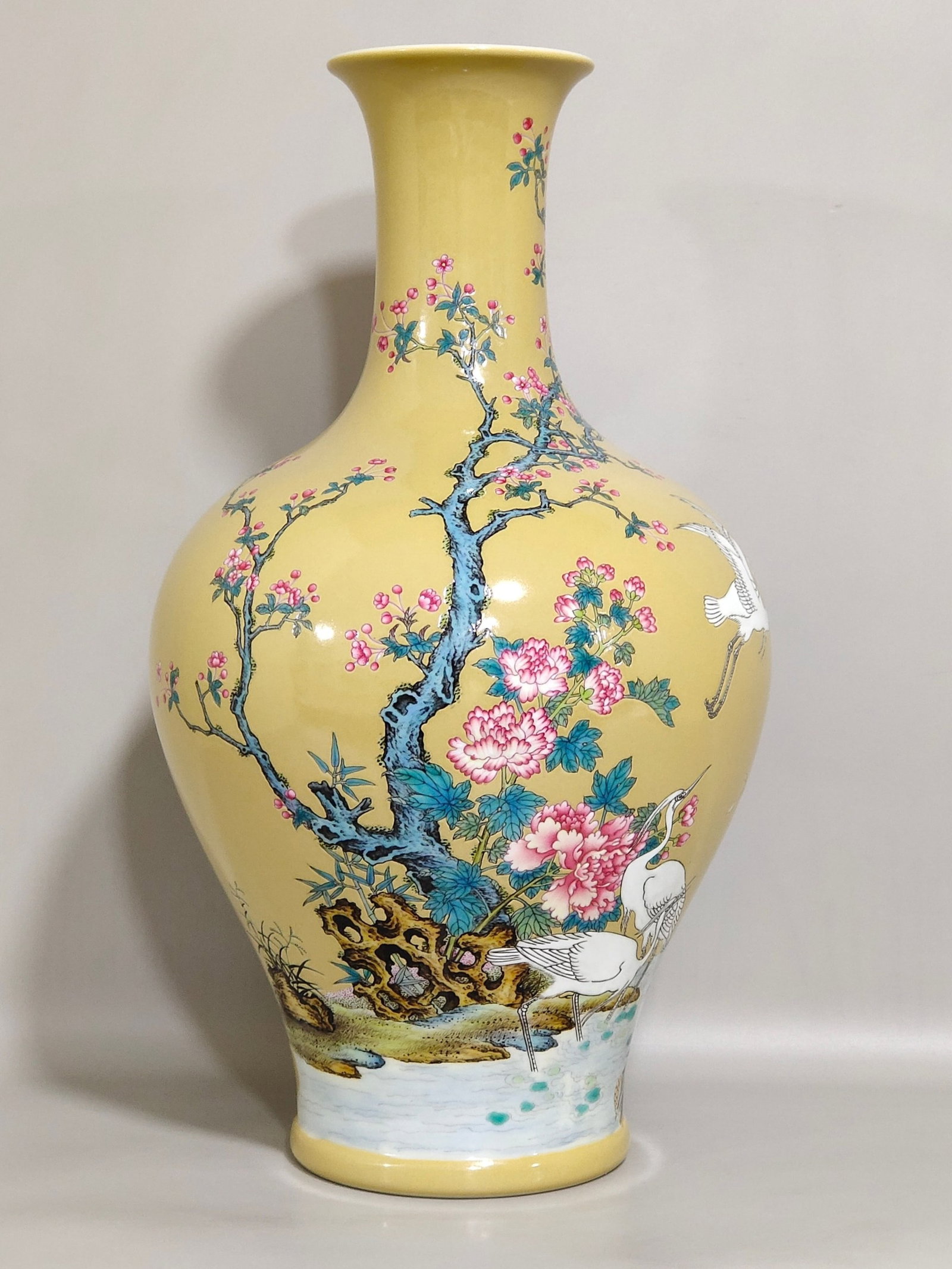 A Rare Famille-Rose Yellow Glazed Flower and Bird Pattern Vase,With Poem: A Rare Famille-Rose Yellow Glazed Flower and Bird Pattern Vase,With Poem,Qing Dynasty,China,Yongzheng Six-character Mark,Size:13.4inx7.1in