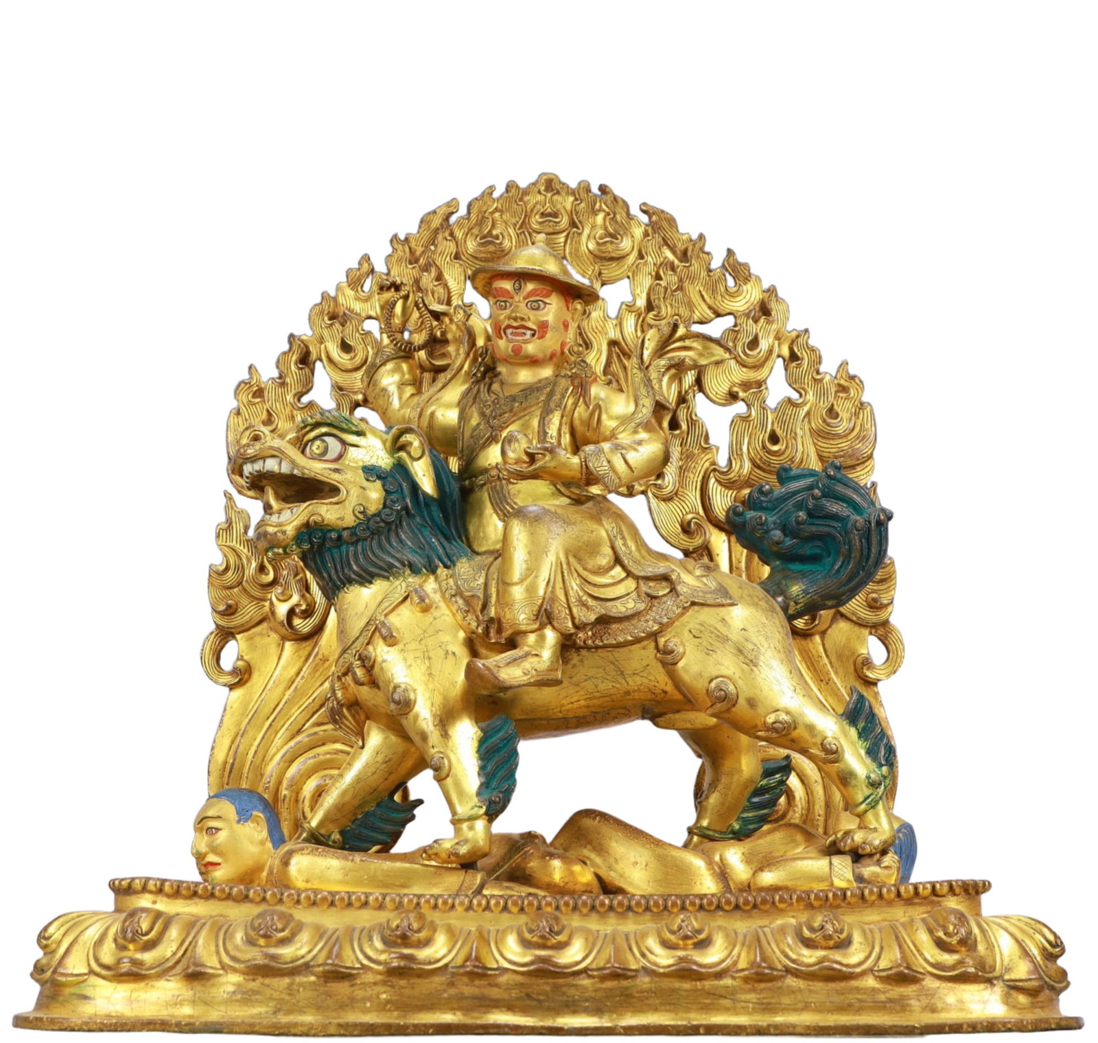 A Solemn Gilt Bronze Statue of Mammon Rides the Lion: A Solemn Gilt Bronze Statue of Mammon Rides the Lion ,Ming Dynasty, China,Size:17.3inx8.7inx18.5in Weight:19300g 铜鎏金骑狮财神像,中国਴
