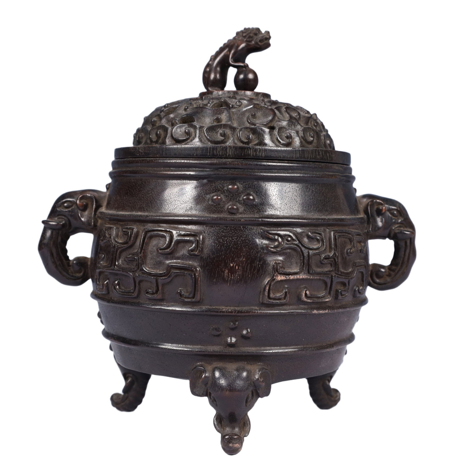 An Exquisite Zitanwood Chi-Dragon Pattern Elephant-Ears Tripod Censer: An Exquisite Zitanwood Chi-Dragon Pattern Elephant-Ears Tripod Censer,Qing Dynasty, China,Size:7.1inx4.7inx7.9in,Weight:750g
