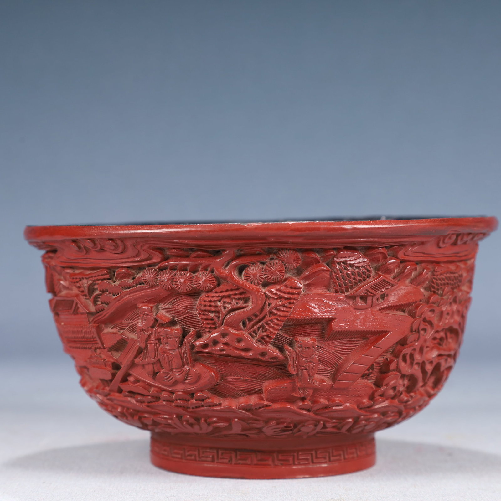 An Exquisite Carved Red Lacquer Landscape and Figure Pattern Bowl: An Exquisite Carved Red Lacquer Landscape and Figure Pattern Bowl,Qing Dynasty, China,Qianlong Four-character Mark,Size:6.3inx3.3in,Weight:250g 剔红漆山水人物
