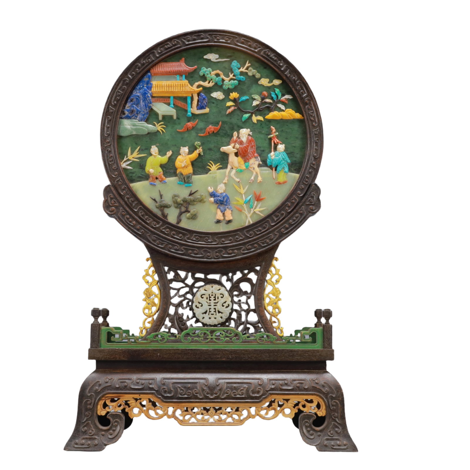 A Exquisite Zitanwood Inlaid Gems Character and Story Pattern Ornament: A Exquisite Zitanwood Inlaid Gems Character and Story Pattern Ornament Qing Dynasty, China ,Size:13.8inx5.9inx21.7in Weight:4450g