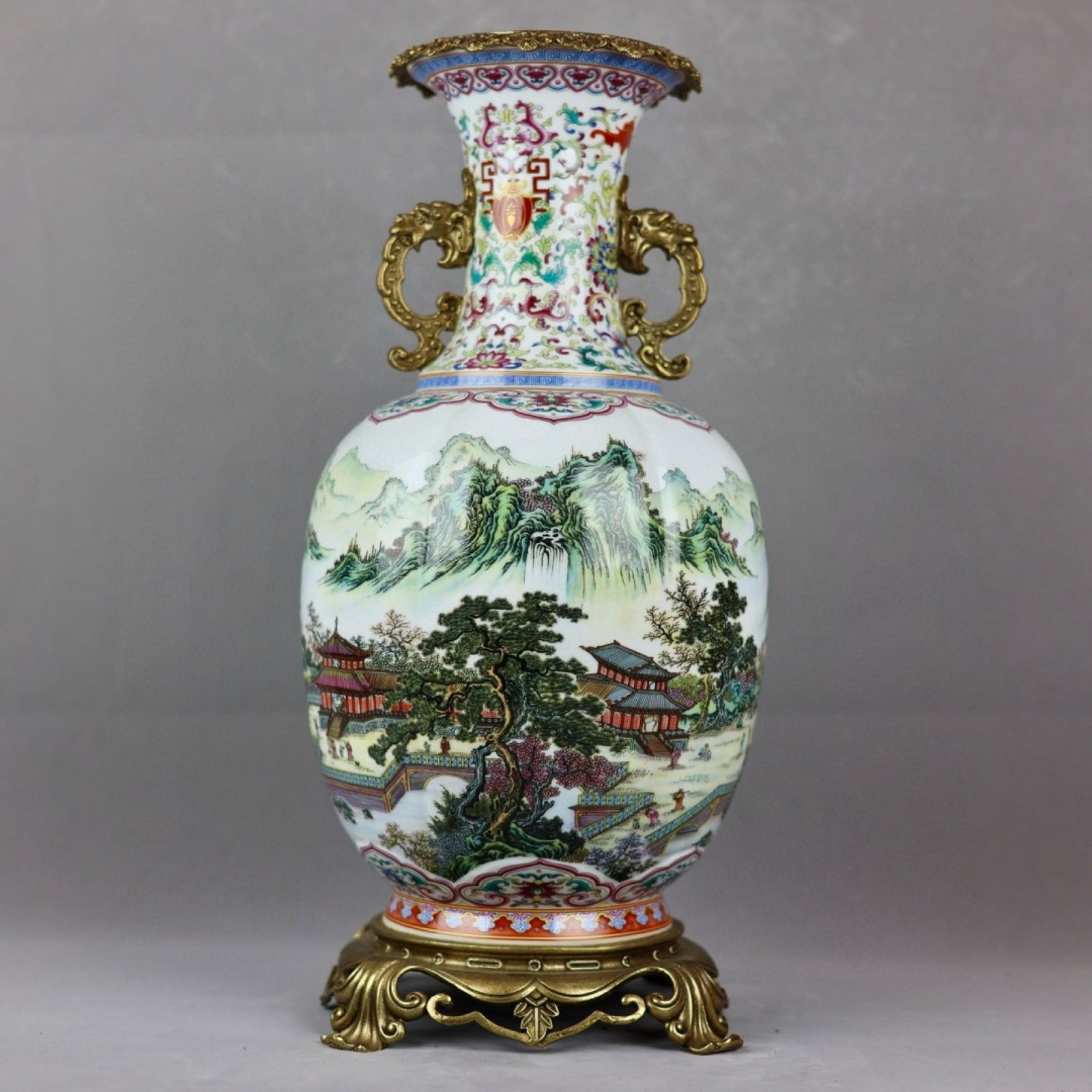 A Huge Famille-Rose Inlaid Bronze Landscape and Figure Pattern Double-Ears Vase,With Poem: A Huge Famille-Rose Inlaid Bronze Landscape and Figure Pattern Double-Ears Vase,With Poem,Qing Dynasty,China,Yongzheng Four-character Mark,Size:19.1inx6.1inx8.7inx7.7in 粉彩镶铜