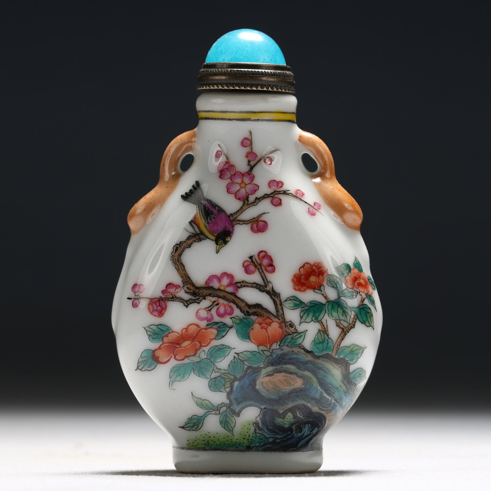 An Exquisite Enamel Flower and Bird Pattern Double-Ears Porcelain Snuff Bottle: An Exquisite Enamel Flower and Bird Pattern Double-Ears Porcelain Snuff Bottle,Qing Dynasty, China, Kangxi Mark,Size:1.8inx0.8inx3in 瓷胎画珐琅彩花鸟