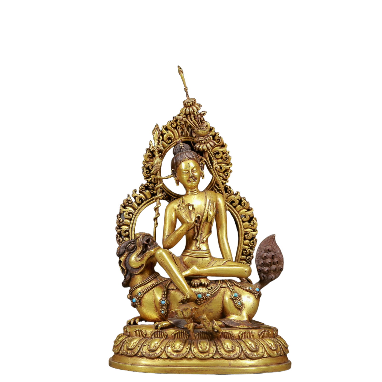 A Solemn Gilt Bronze Inlaid Turquoise Statue of Avalokitesvara: A Solemn Gilt Bronze Inlaid Turquoise Statue of Avalokitesvara,Ming Dynasty, China,Size:7.9inx4.7inx13in,Weight:3715g