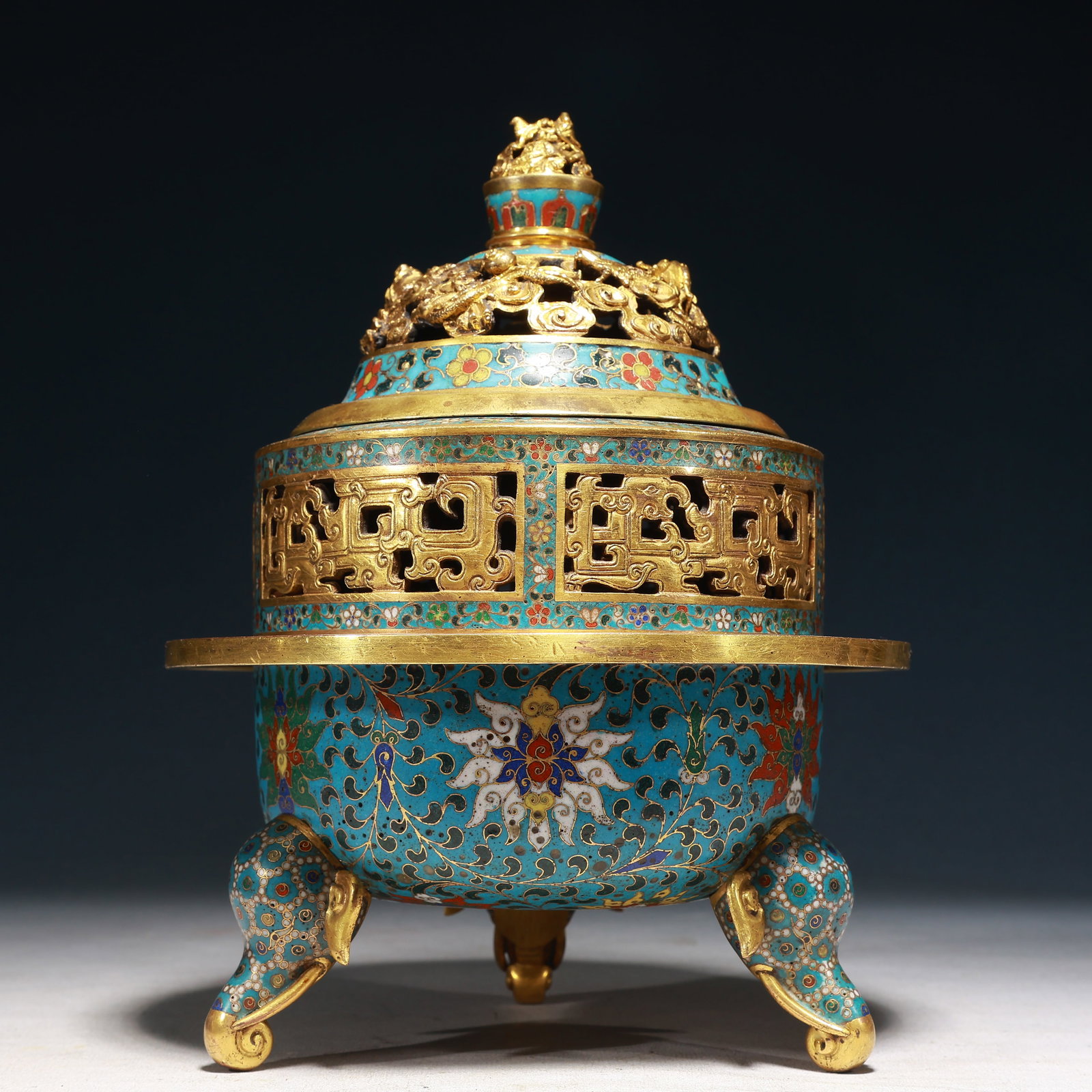 An Exquisite Cloisonne Lotus and Chi-Dragon Pattern Tripod Censer: An Exquisite Cloisonne Lotus and Chi-Dragon Pattern Tripod Censer,Qing Dynasty,China,Size:7.9inx9.8in,Weight:2700g