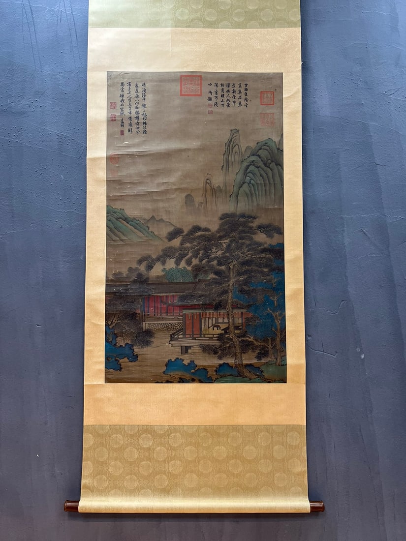 A Chinese Vertical Scroll Ink Painting of Landscape and Figure on Silk,Wen Zhengming: A Chinese Vertical Scroll Ink Painting of Landscape and Figure on Silk,Wen Zhengming,Size:(Without frame)44.1inx25.2in 一幅中国水墨绢本山水&