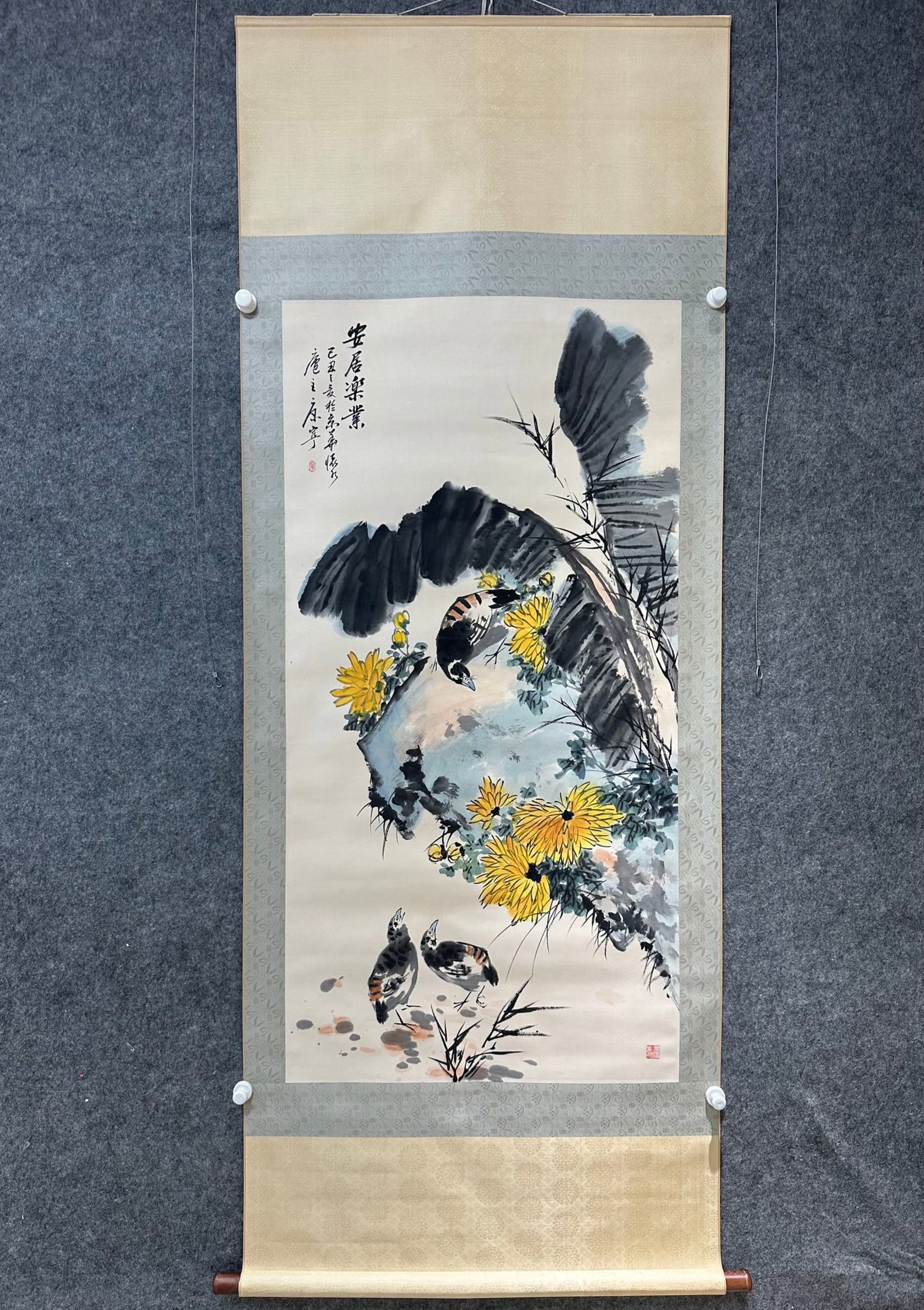 A Chinese Vertical Scroll Ink Painting of Flower and Bird on Paper,Kang Ning: A Chinese Vertical Scroll Ink Painting of Flower and Bird on Paper,Kang Ning,Size:(Without frame)27.4inx53.9in 一幅中国水墨花鸟画立轴,