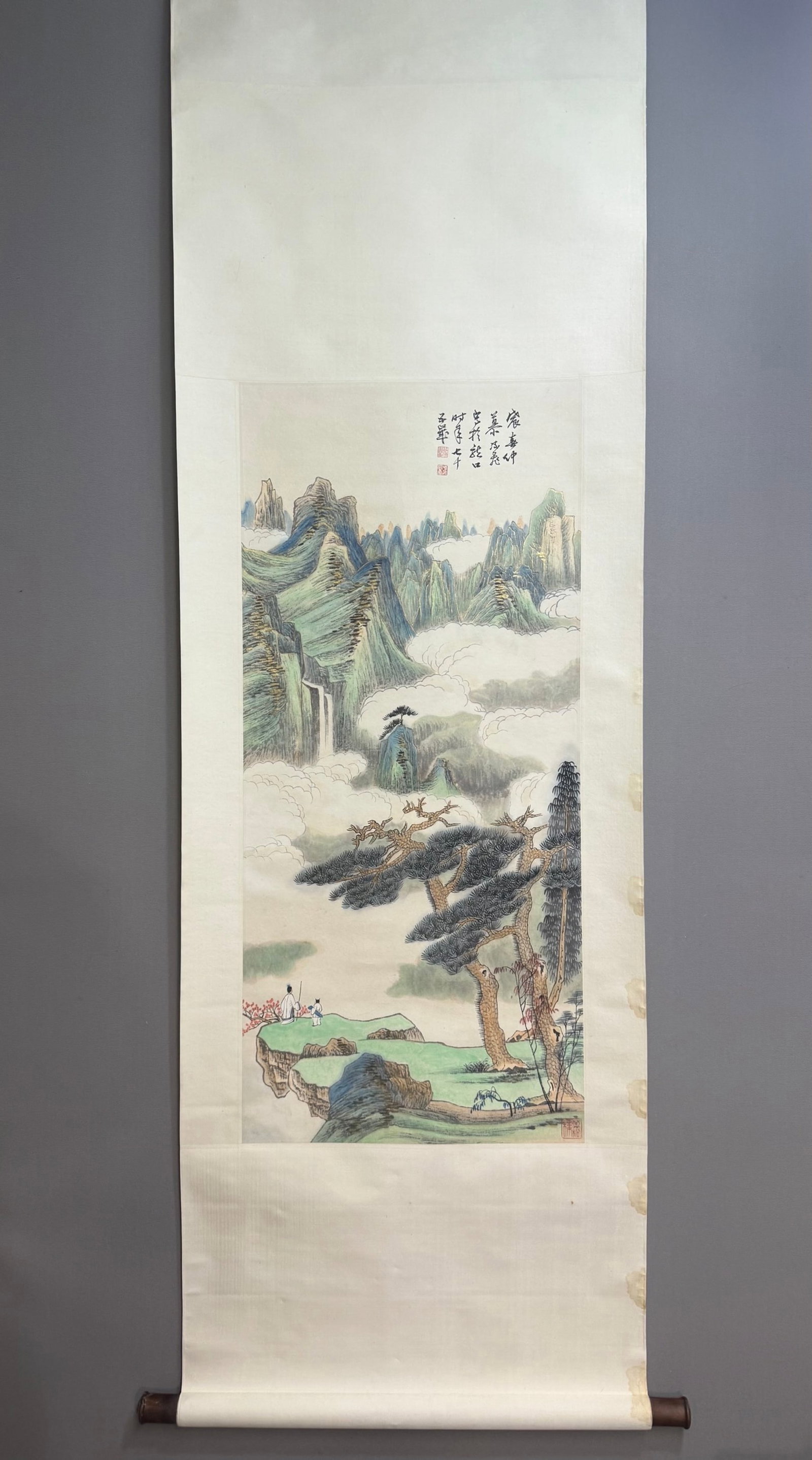A Chinese Vertical Scroll Ink Painting of Landscape and Figure on Paper,Mu Lingfei: A Chinese Vertical Scroll Ink Painting of Landscape and Figure on Paper,Mu Lingfei,Size:37.4inx16.9in 一幅中国水墨山水人物画立&#