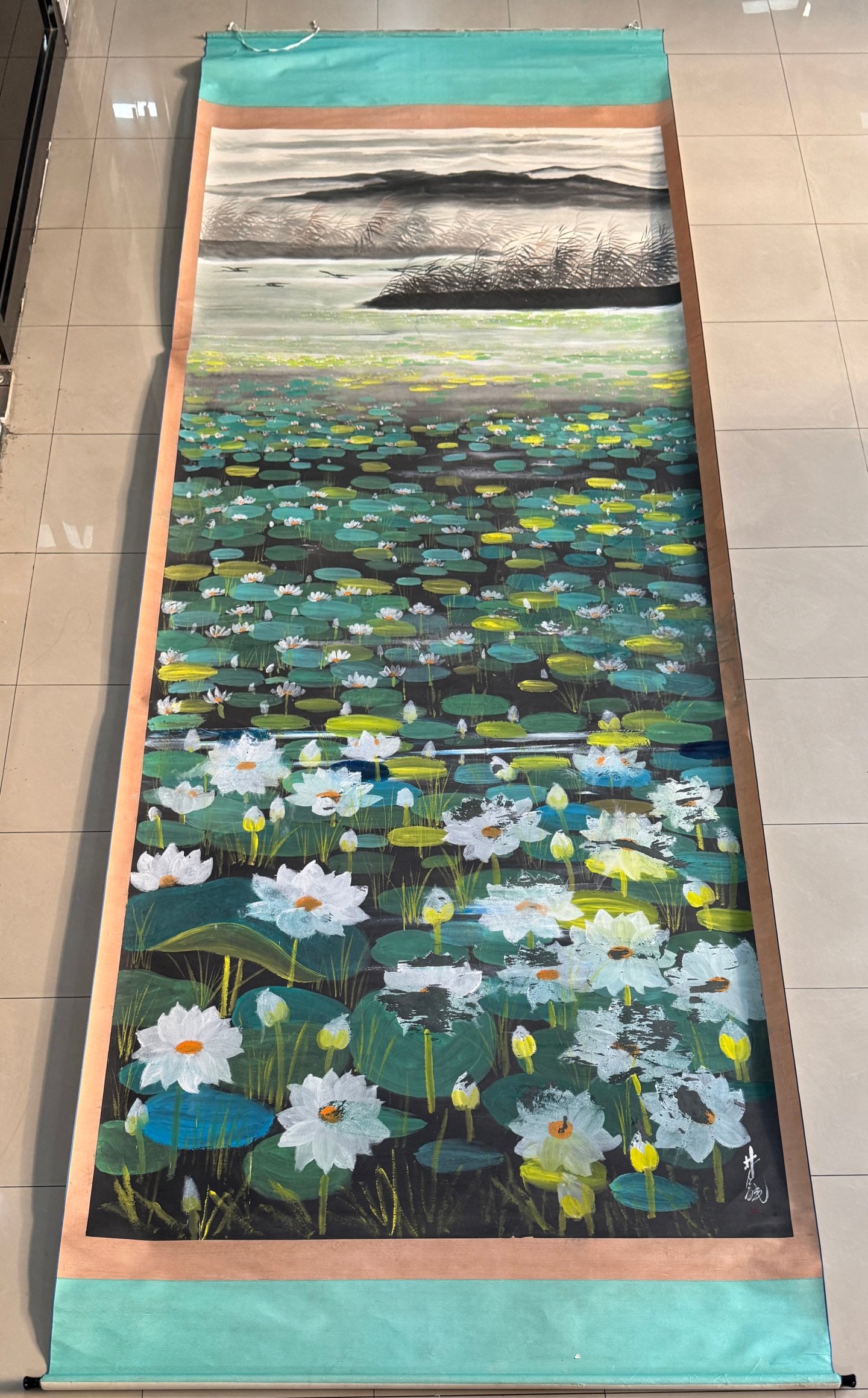 A Chinese Vertical Scroll Ink Painting of Lotus on Paper,Lin Fengmian: A Chinese Vertical Scroll Ink Painting of Lotus on Paper,Lin Fengmian,Size:78.7inx196.8in 一幅中国水墨荷花图立轴,林风İ