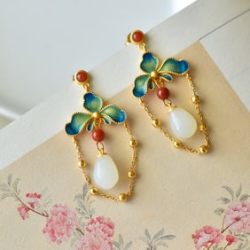 A Pair of Exquisite Sterling Silver-Gold Plated Inlaid White Jade Earrings