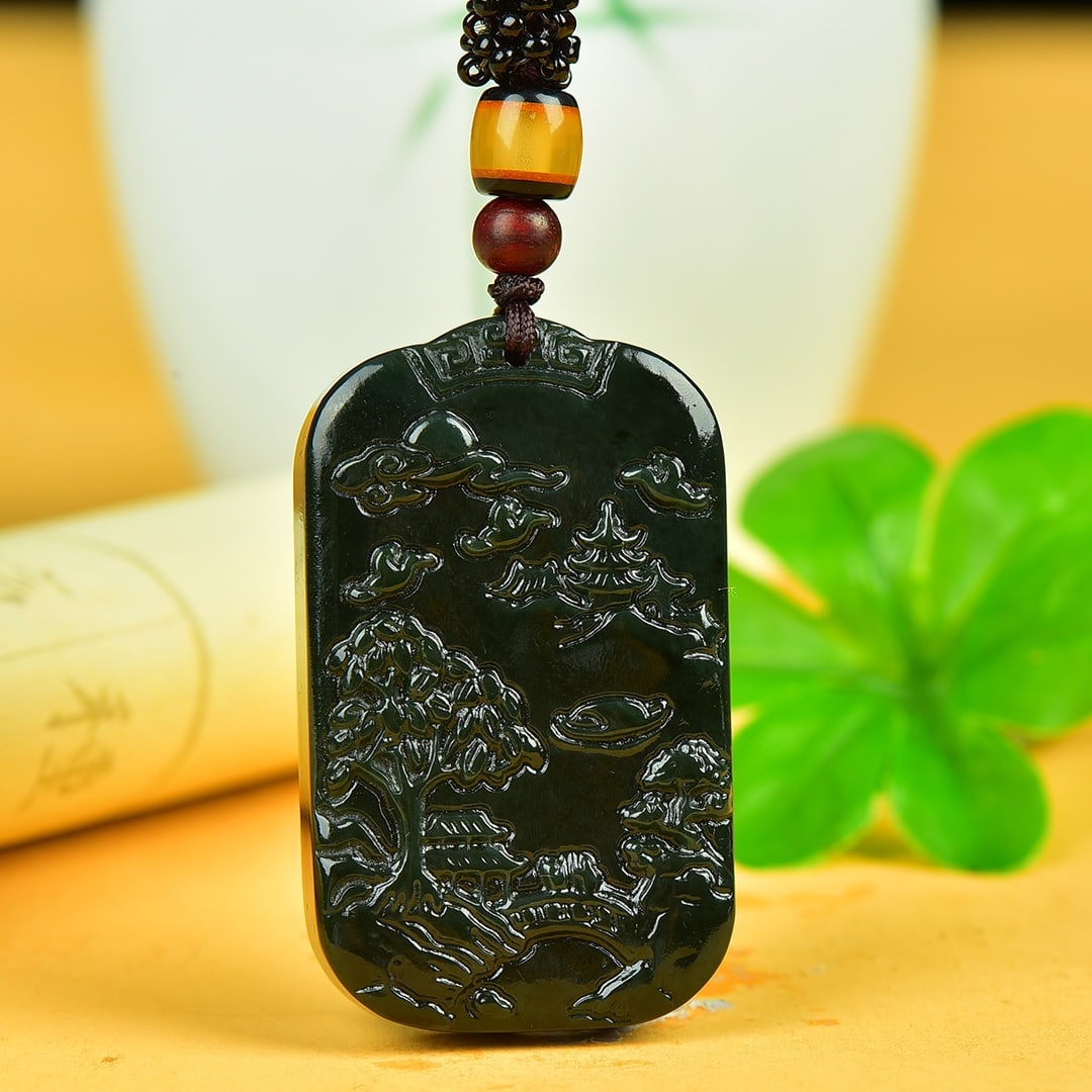 An Exquisite Sapphire Landscape Pattern Pendant: An Exquisite Sapphire Landscape Pattern Pendant,Size:30mmx51mm 寓意:意境优美 青玉山水纹牌
