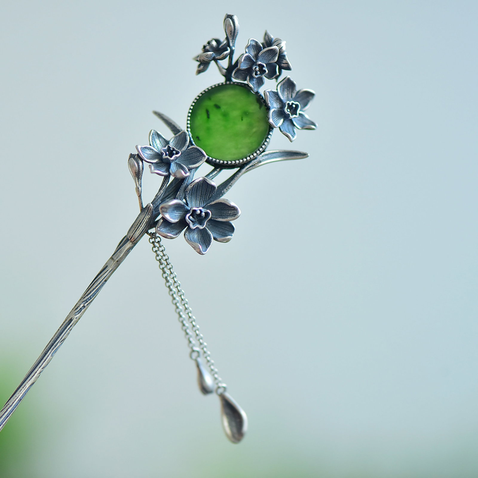 An Exquisite Sterling Silver Inlaid Jasper Enamel Hairpin: An Exquisite Sterling Silver Inlaid Jasper Enamel Hairpin 纯银镶碧玉珐琅发簪