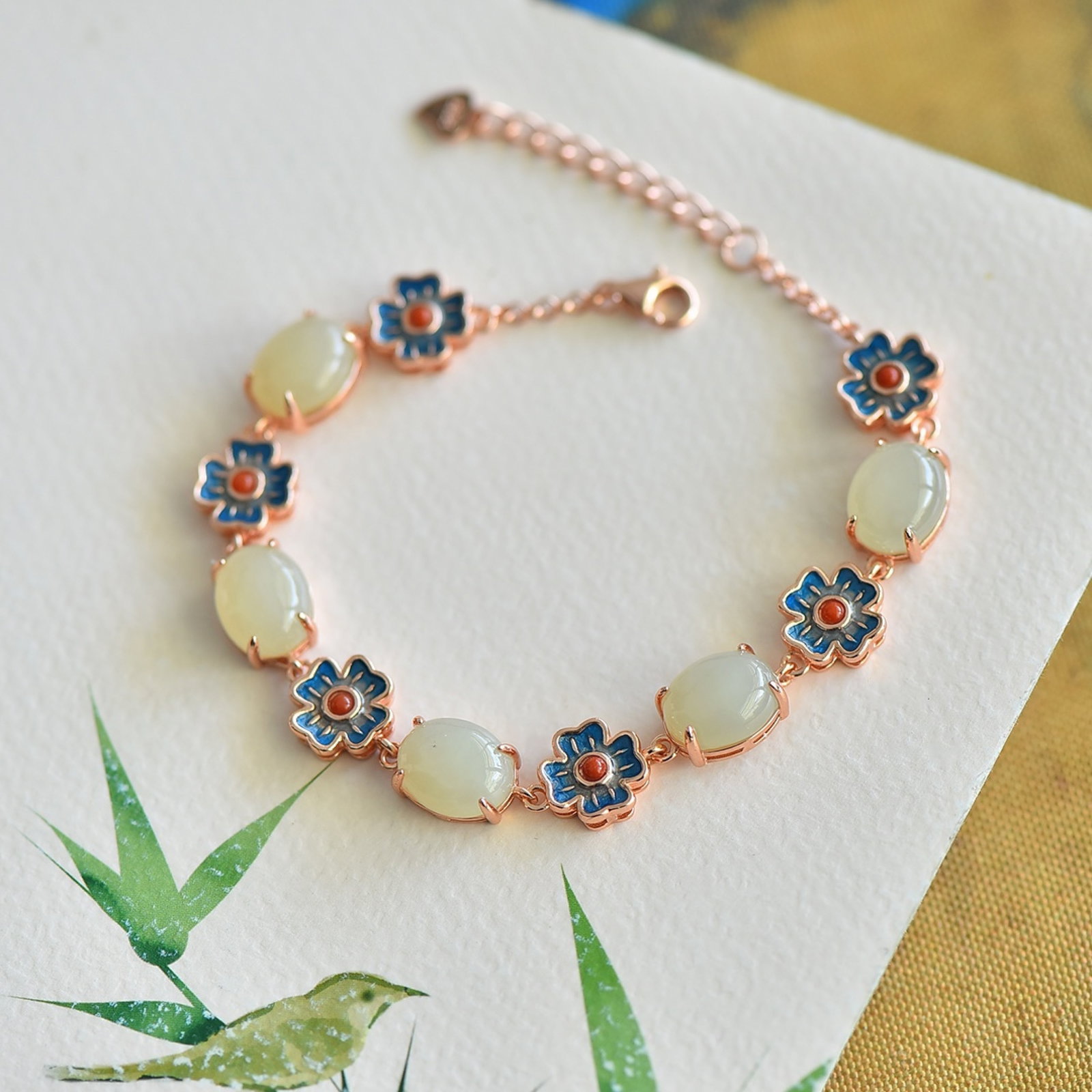 An Exquisite Sterling Silver-Gold Plated Inlaid White Jade Enamel Bracelets: An Exquisite Sterling Silver-Gold Plated Inlaid White Jade Enamel Bracelets 纯银镀金镶白玉珐琅手链
