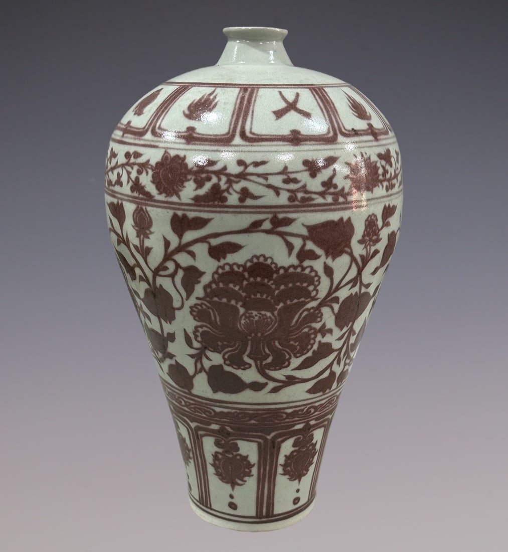 An Exquisite Blue and White Underglaze-Red Lotus Pattern Vase: An Exquisite Blue and White Underglaze-Red Lotus Pattern Vase Yuan Dynasty, China Size:17.3in青花釉里红缠枝梅瓶 中国元代