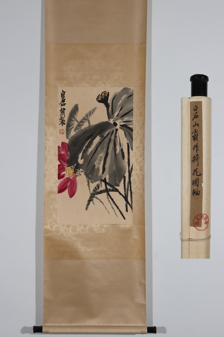 A Chinese Vertical Scroll Ink Painting of Flower on Paper: A Chinese Vertical Scroll Ink Painting of Flower on Paper Qi baishi Without frame Size:27inx15in白石山翁作荷花圖軸