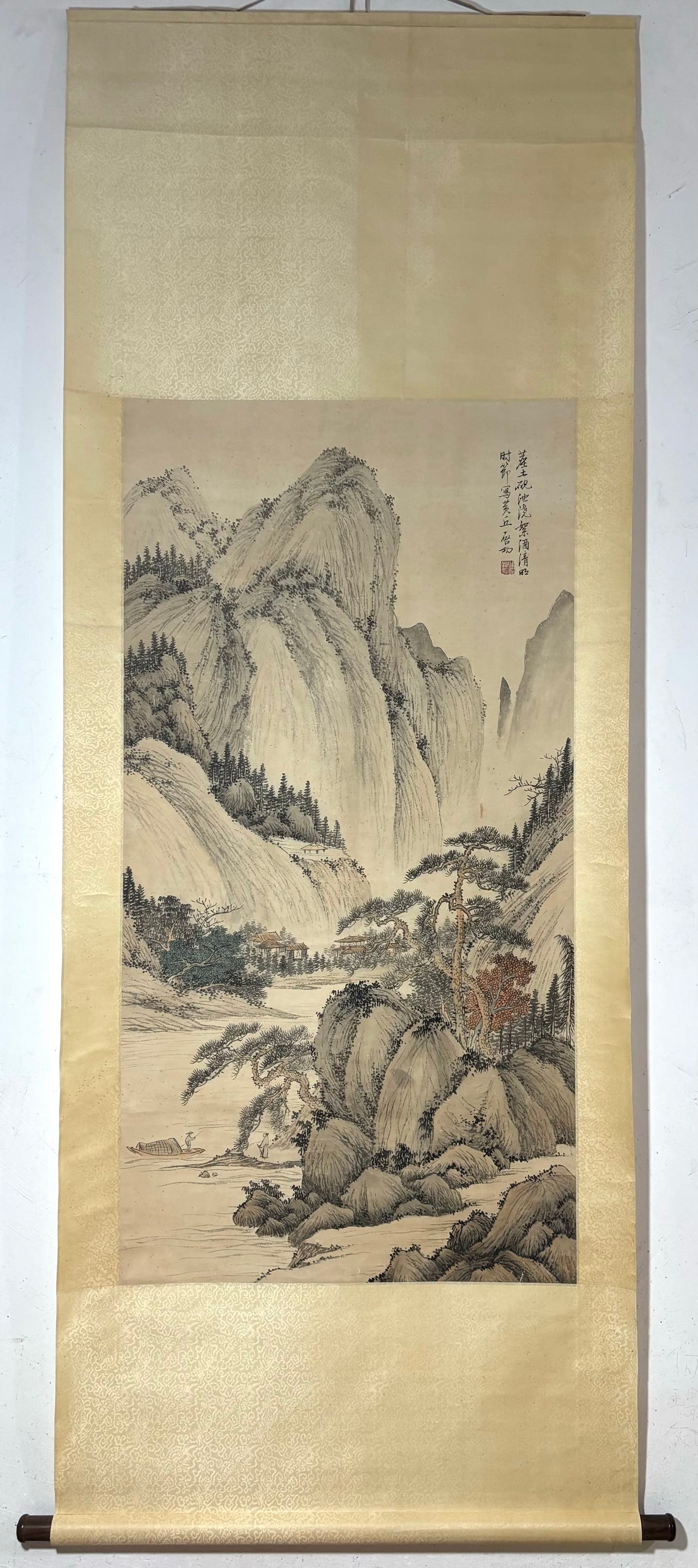 A Chinese Vertical Scroll Ink Painting of Landscape on Paper (1 of 9)