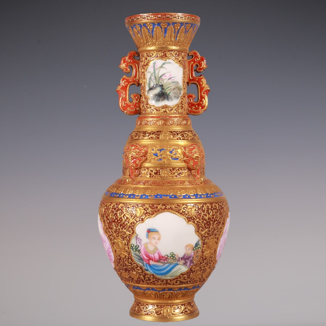An Exquisite Iron-Red Painted Gold Character and Story Pattern Lotus Pattern Double-Ears Vase: An Exquisite Iron-Red Painted Gold Character and Story Pattern Lotus Pattern Double-Ears Vase Qing Dynasty, China Qianlong Six-character Mark Size:9.8inx4.5in矾红雕刻描&#