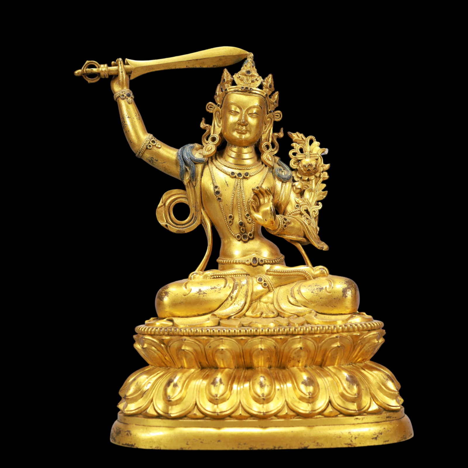 A Exquisite Gilt Bronze Statue of Manjusri: A Exquisite Gilt Bronze Statue of Manjusri Ming Dynasty, China Size:6.7inx4.5inx9.4in Weight:2350g铜鎏金文殊菩萨 中国明代
