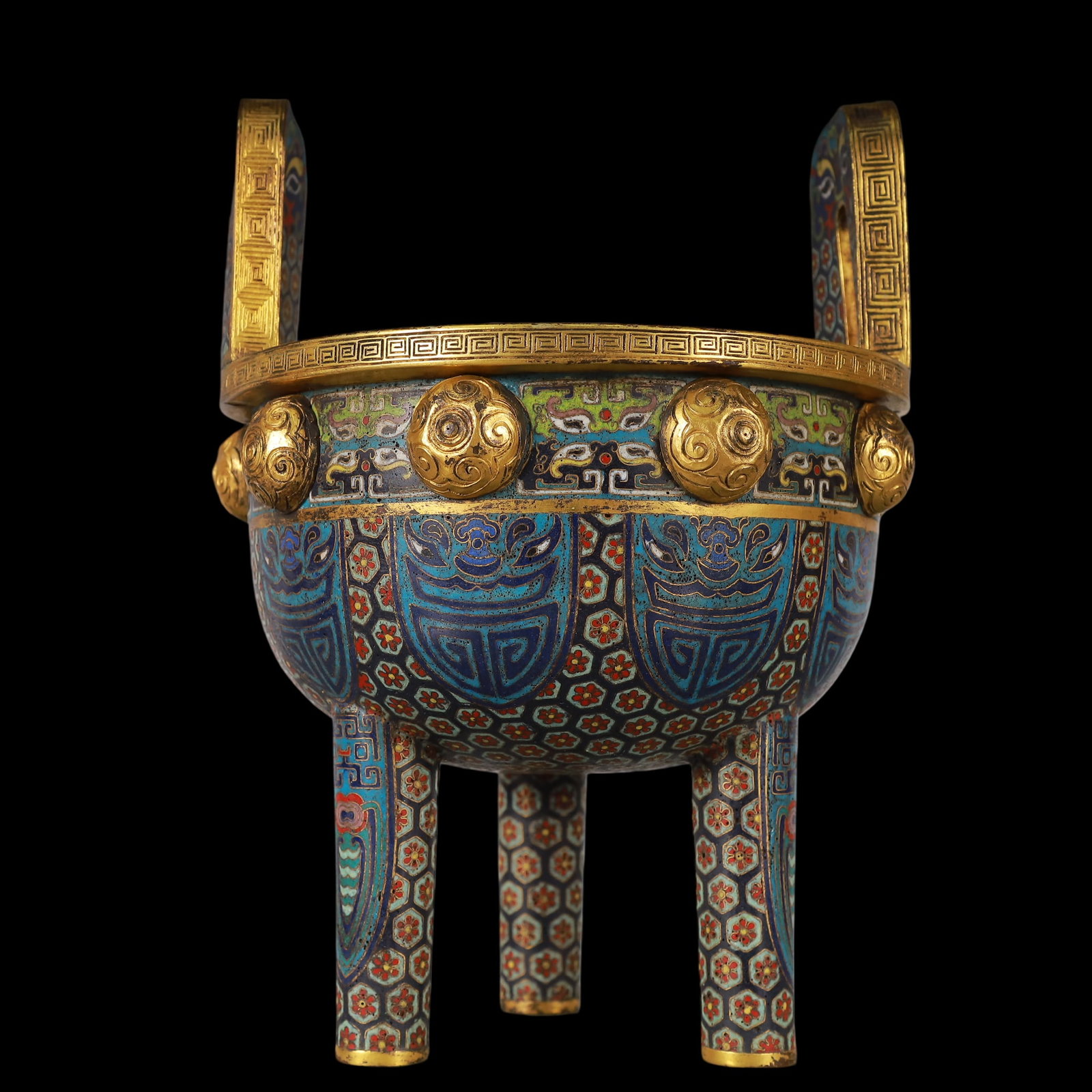 An Exquisite Cloisonne Gilt Bronze Lotus Pattern Double-Ears Tripod Censer: An Exquisite Cloisonne Gilt Bronze Lotus Pattern Double-Ears Tripod Censer Qing Dynasty, China Qianlong Four-character MarkSize:7.5inx7.5inx10in Weight:1500g景泰蓝铜鎏