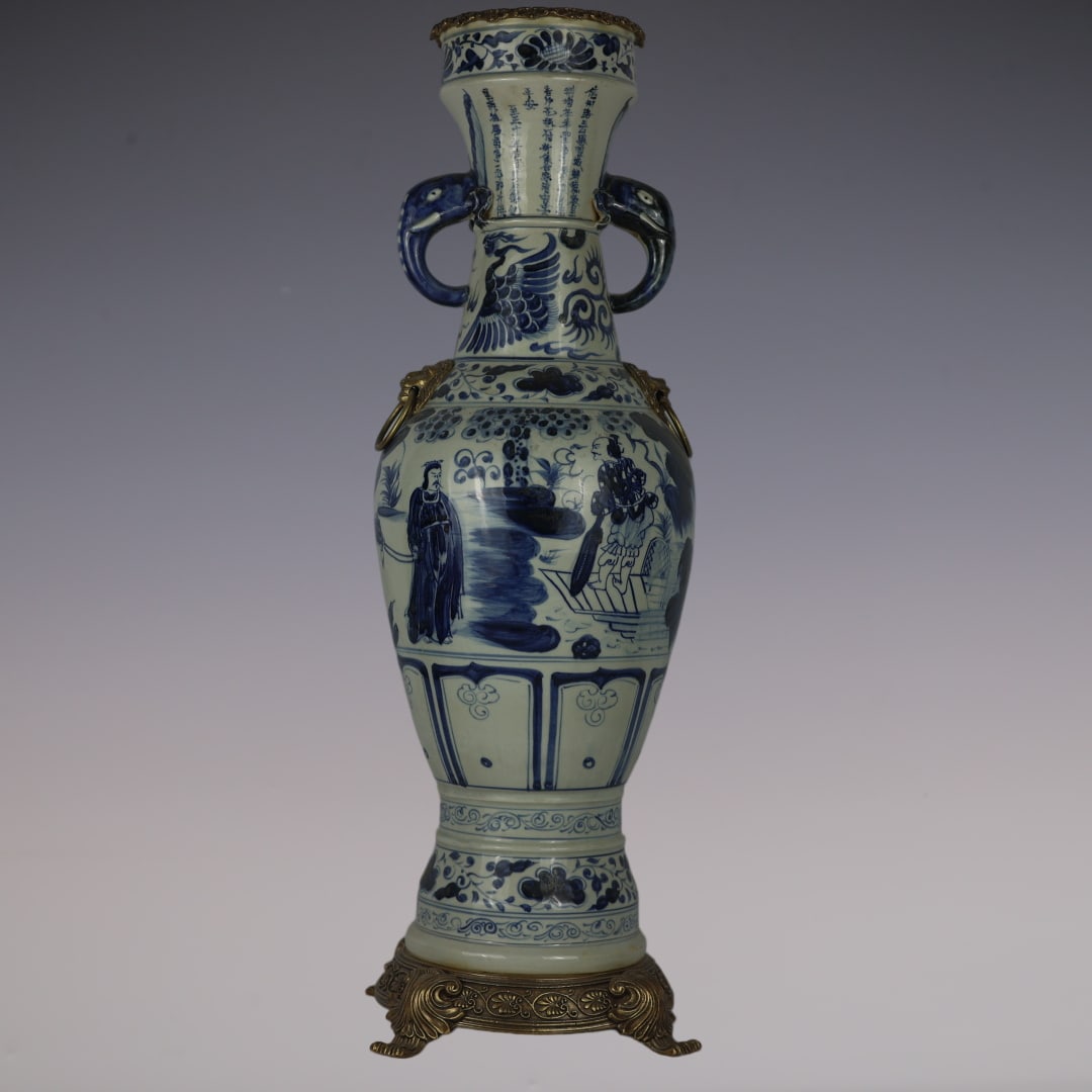 An Exquisite Blue and White Inlaid Bronze Character and Story Pattern Phoenix Pattern Lotus Pattern: An Exquisite Blue and White Inlaid Bronze Character and Story Pattern Phoenix Pattern Lotus Pattern Double-Ears Vase Yuan Dynasty, China