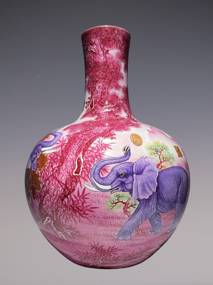 An Exquisite Enamel Ruby red-Glazed Elephant Pattern with poem Vase: An Exquisite Enamel Ruby red-Glazed Elephant Pattern with poem Vase Qing Dynasty, China Qianlong Six-character Mark Size:20.9inx15.4in珐琅彩宝石红绘太&#
