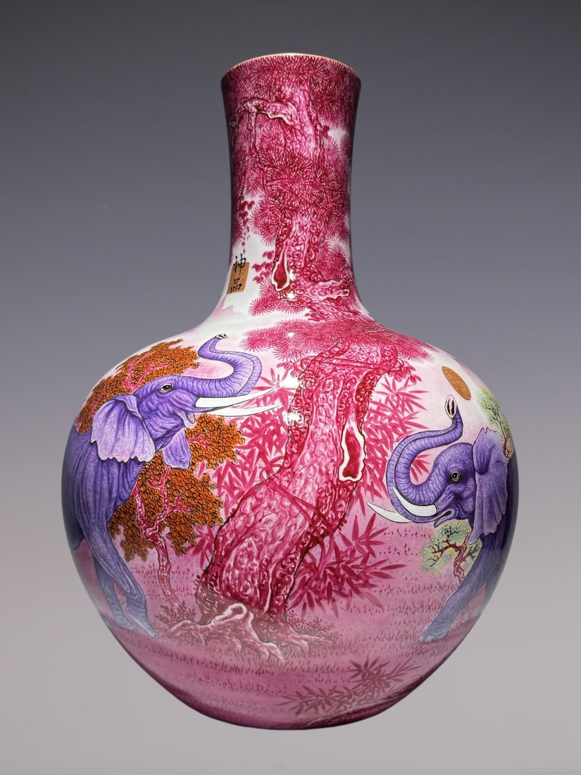 An Exquisite Enamel Ruby red-Glazed Elephant Pattern with poem Vase - 2