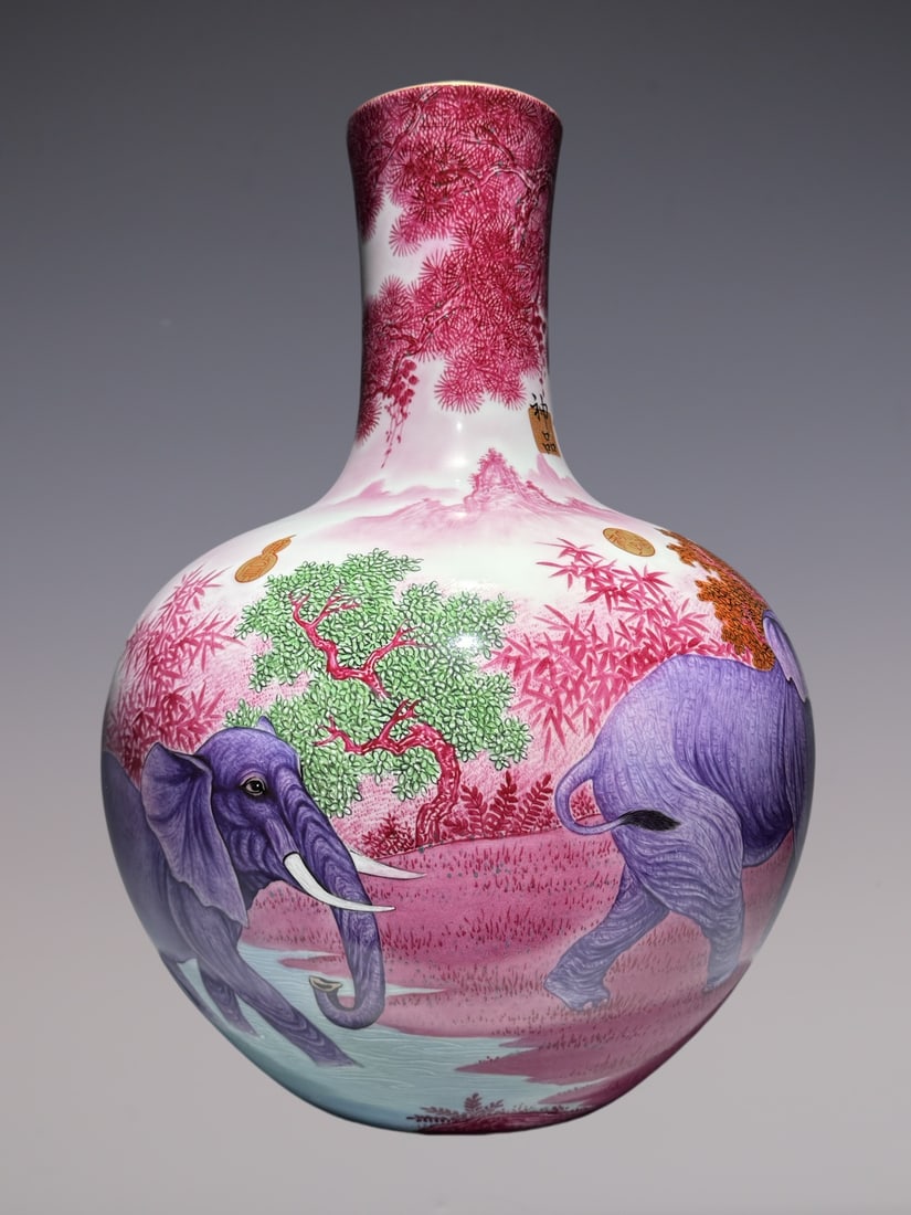 An Exquisite Enamel Ruby red-Glazed Elephant Pattern with poem Vase - 4