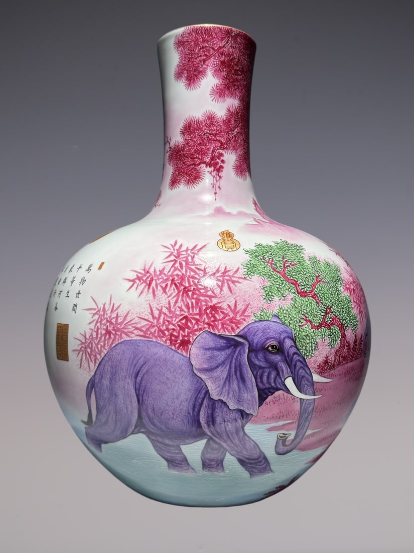 An Exquisite Enamel Ruby red-Glazed Elephant Pattern with poem Vase - 5