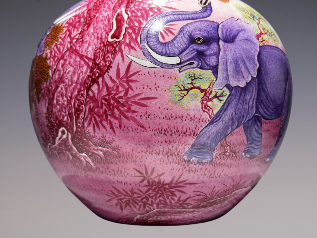 An Exquisite Enamel Ruby red-Glazed Elephant Pattern with poem Vase - 8