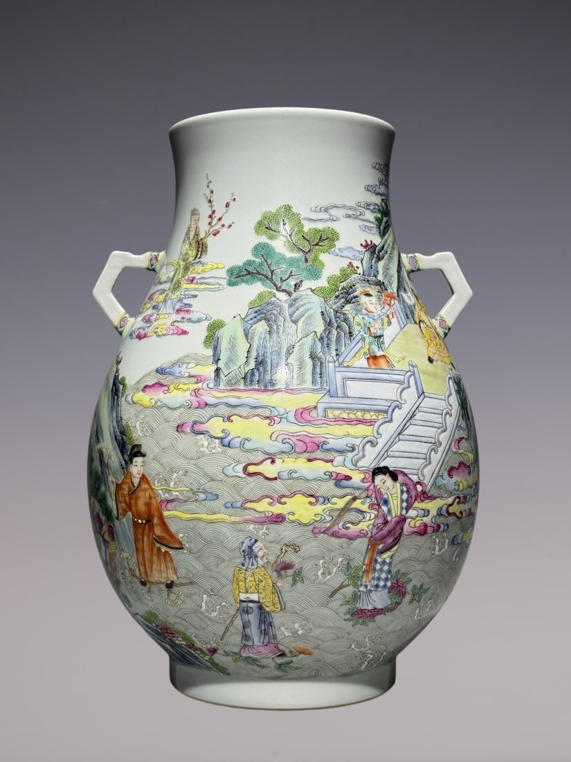 An Exquisite Famille-Rose Character and Story Pattern Double-Ears Vase: An Exquisite Famille-Rose Character and Story Pattern Double-Ears Vase Qing Dynasty, China Qianlong Six-character Mark Size:12.9inx9.1in粉彩十二花神拜寿